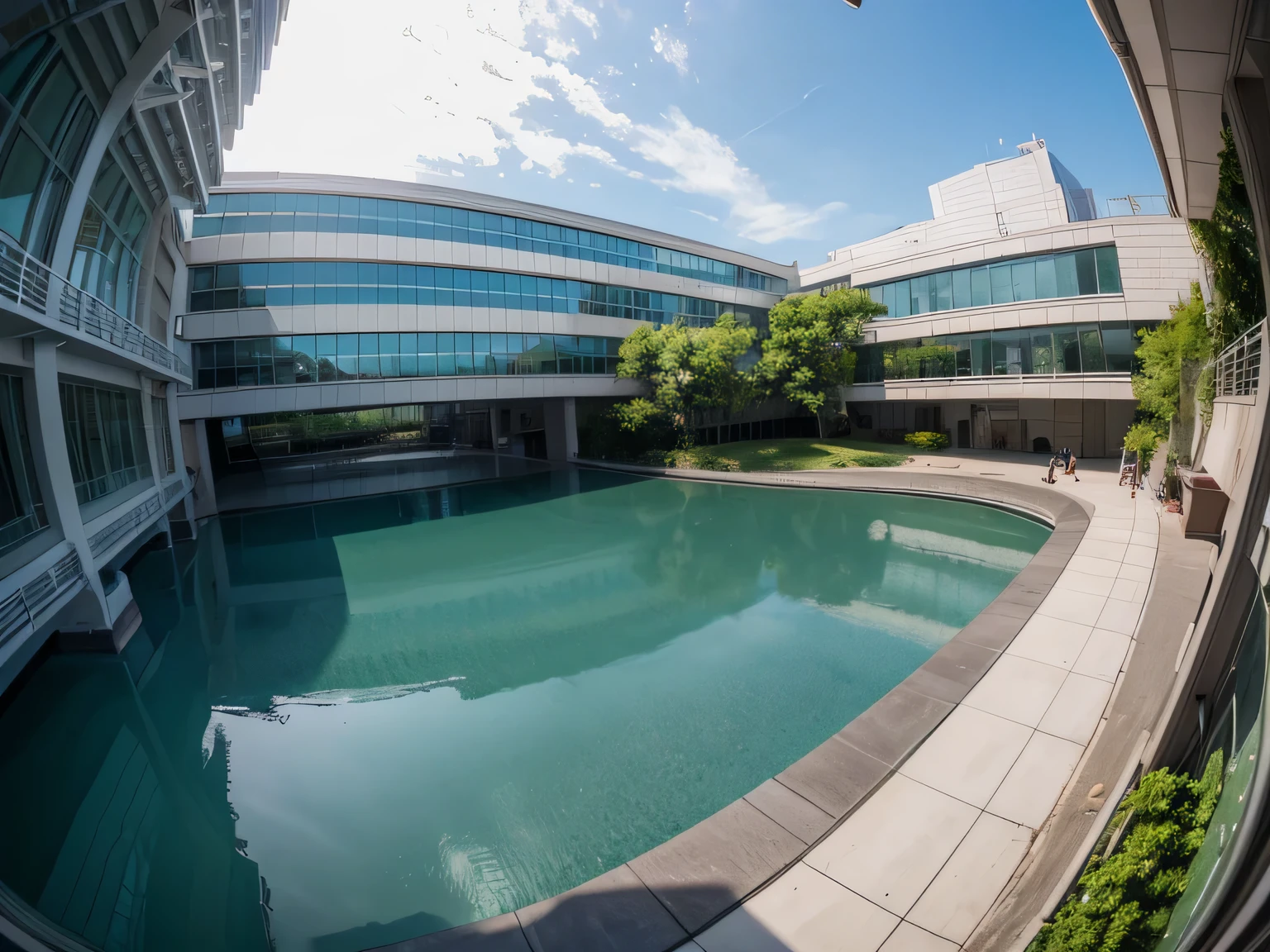 super wide angle，Averill scenery，The background is a building,  photography, low angle 鱼眼view,  low angle fish eye 镜片, 