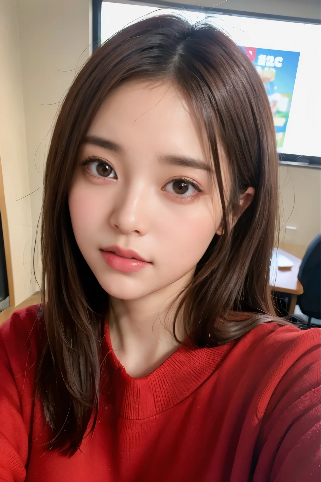 Random pose、top quality、ultra high resolution、(Realism:1.5)、1 girl、red sweater、(brown hair:1.2)、(Big breasts:1.2)、Classroom、looking at the audience、close up、Whole BodyEsbian、nasty eyes