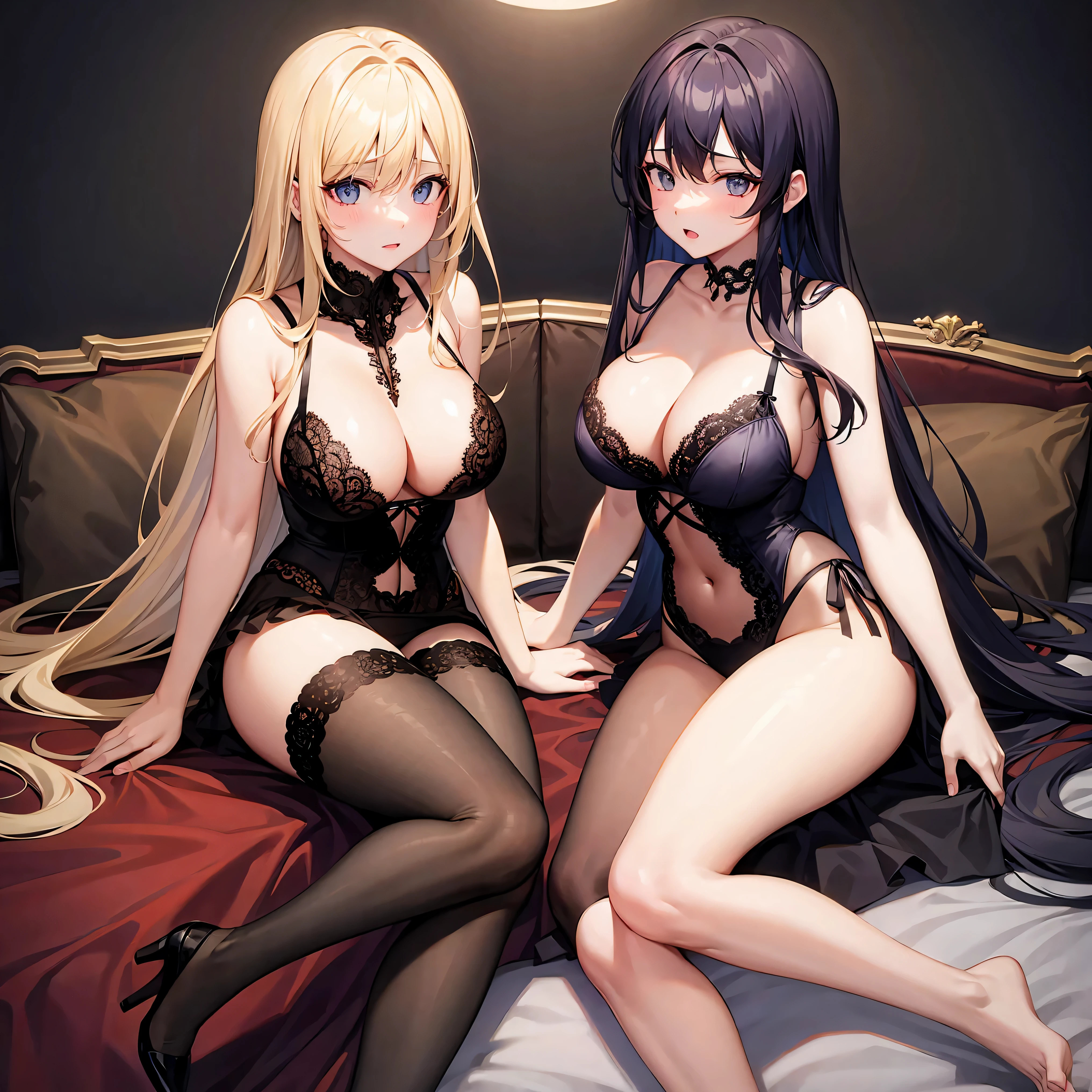 2 girls ,Lace lingerie big breasts,Lie down in bed,bit girl, huge breasts cleavage,A coquettish expression,Extremely large breasts,Small ,black lence stockings,pyjamas