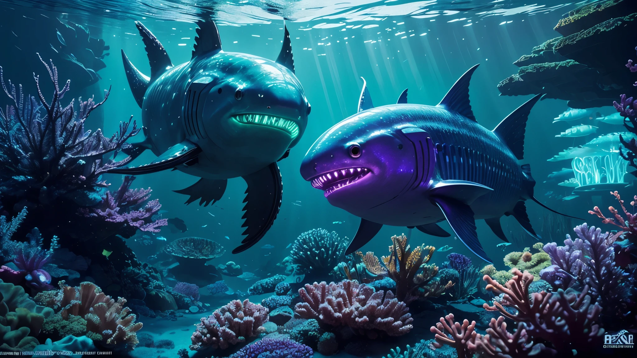 (best quality, 4k, highres, masterpiece:1.2), ultra-detailed, realistic:1.37, vibrant colors, vividly glowing, otherworldly ocean scene, underwater paradise, mesmerizing deep sea world, ethereal aquatic realm, surreal marine environment, stunning biomechanical sea creatures, breathtaking luminescent flora and fauna, alien sea ecosystem, artificial intelligence infused marine life, futuristic marine technology, biomechanical wonders, futuristic underwater city, mysterious depths, fathomless abyss, shimmering bioluminescent organisms, radiant jellyfish swimming gracefully, vibrant hues of neon blue, electric green, and iridescent purple, robotic sharks patrolling the depths, clockwork fish with intricate gears and mechanisms, glowing eels coiling around underwater structures, phosphorescent algae casting an enchanting glow, flickering neon lights illuminating the sea, transcendent beauty, immersive visual spectacle.