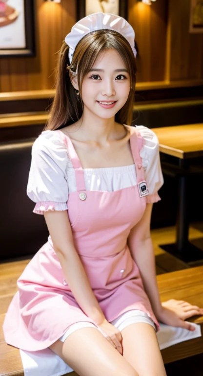There is a woman sitting on a bench in a restaurant、Sexy、Girl to La(Girl and La)(Girl and La)(Girl and La)(Girl and La)(Girl and La),, white and pink breastplate, maid dress, anime girl cosplay,, cosplay, maid costume, ３０age、brown hair　sexy、waitress uniform、pink uniform、smile、plump thighs、sexyな太もも、no makeup、beautiful clavicle、beautiful skin、beautiful eyes、pink apron、No sleeve、No hair accessories