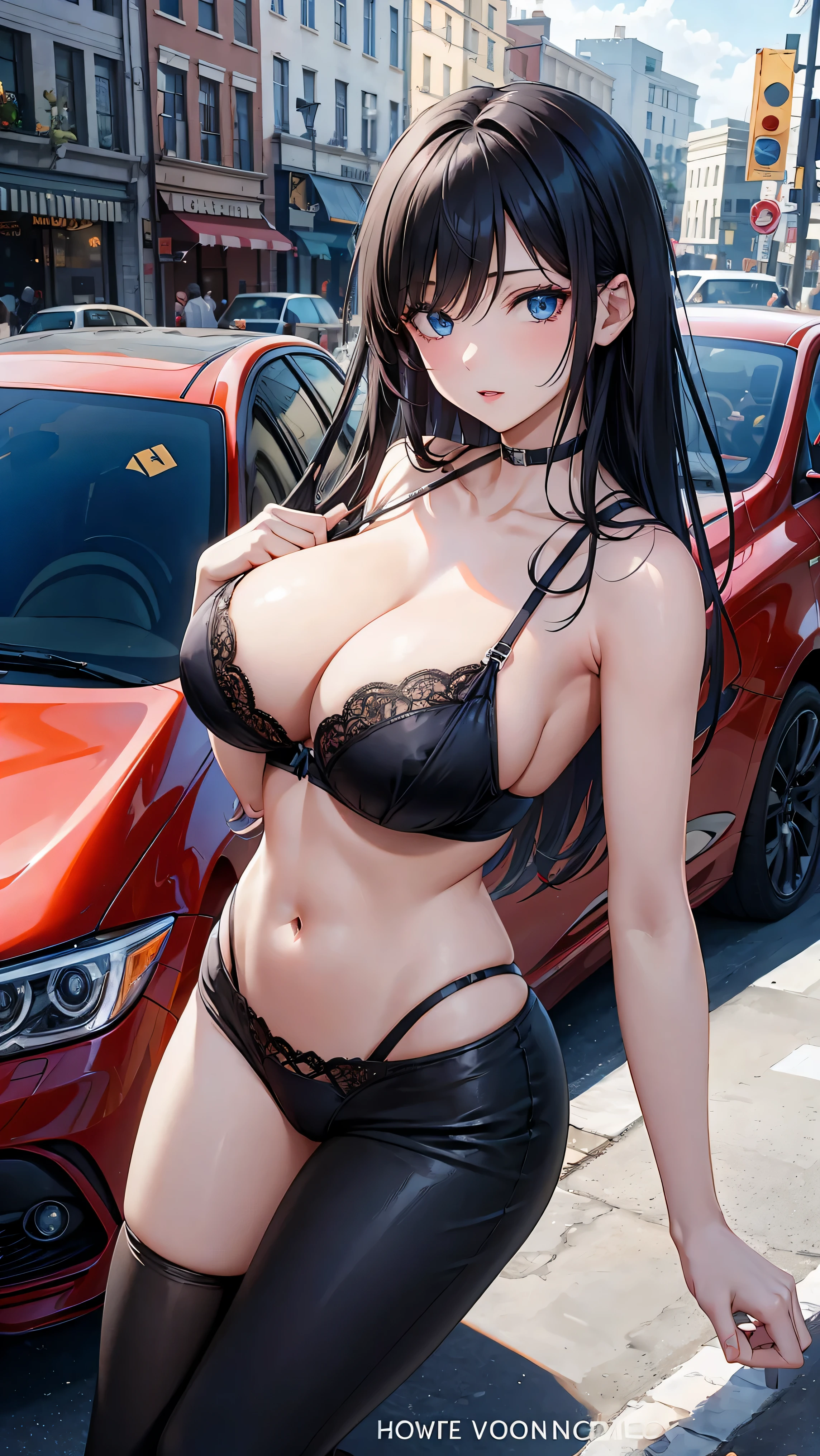 1woman, solo, blue eyes, black hair, beautiful, milf, hourglass body, in black panties and bra, big breasts, sexy pose, left hand raised, no letters, no watermark, perfect resolution , car place