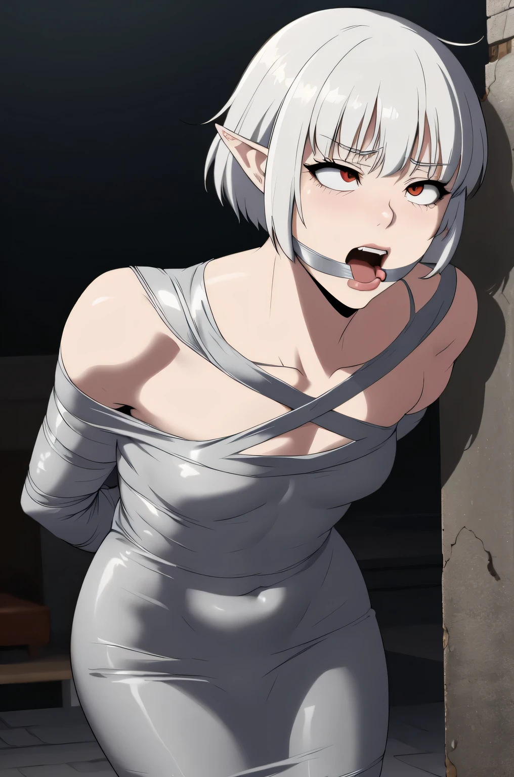 alice,vampire,grey hair, long hair, red eyes, pointy ears, small breasts ,1girl, mummified, gagged, silver duct tape, off shoulder, bending over, arms behind back, short hair, bangs, ponytail, blushing, slim, improvised gag, tape gag, gagged, duct tape, tape bondage, beautiful eyes, rolling eyes, orgasm