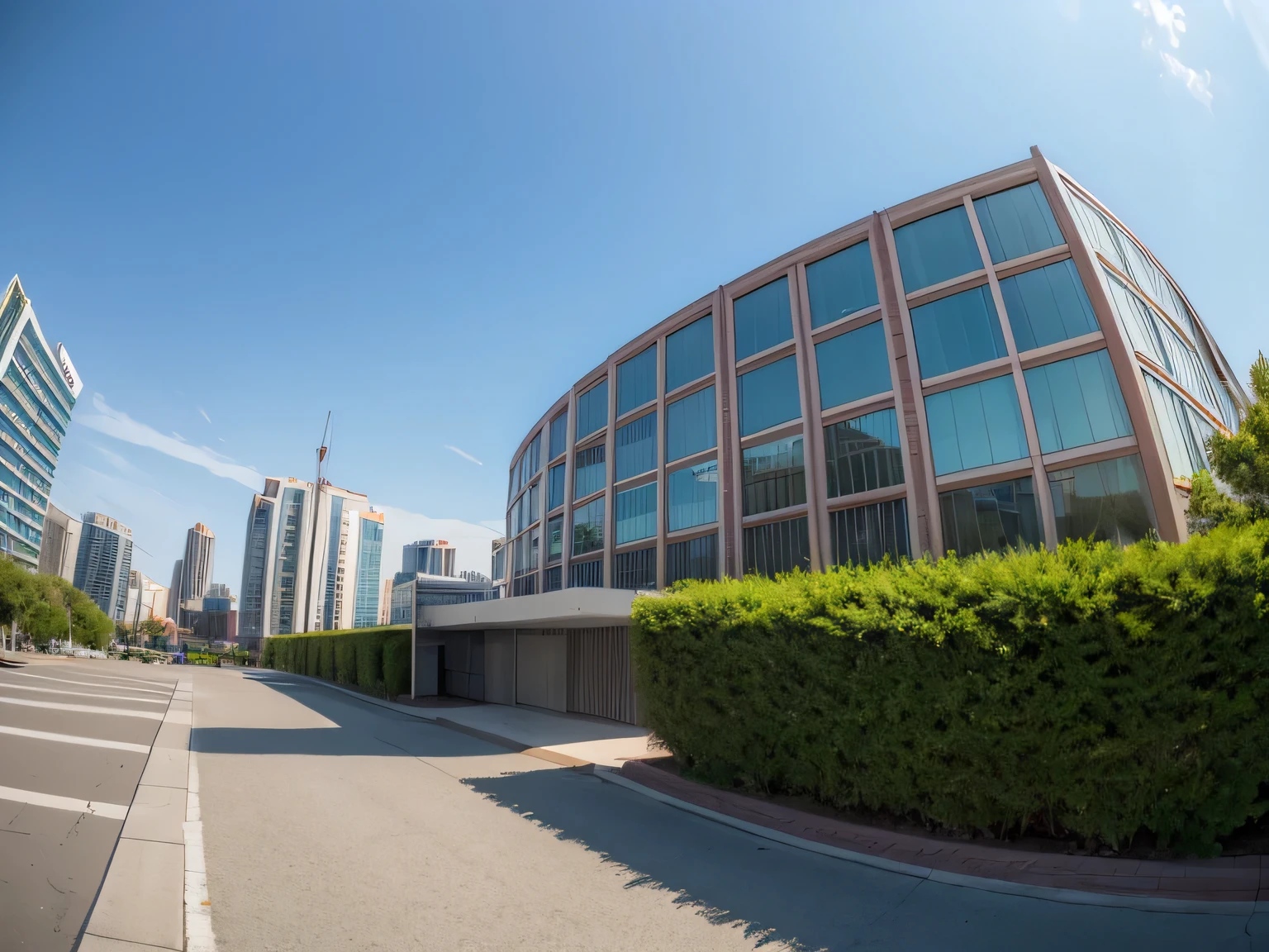 super wide angle，Averill scenery，The background is a building,  photography, low angle 鱼眼view,  low angle fish eye 镜片, 