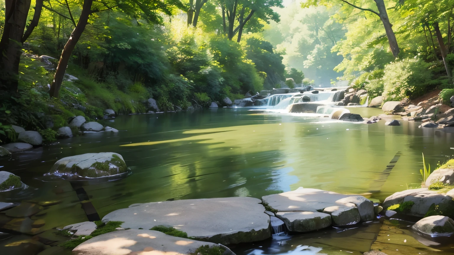 I took photos of a peaceful moment spent in nature.。wood々Imagine a peaceful landscape with soft morning light shining through the space.。A calm stream meandering、Surrounded by lush greenery。In the foreground、people sitting quietly on the bank、Are you meditating?、Perhaps they are simply soaking in the calmness of their surroundings.。The overall atmosphere is calm and connected to the natural world.、Highlights the beauty and peace of outdoor moments。