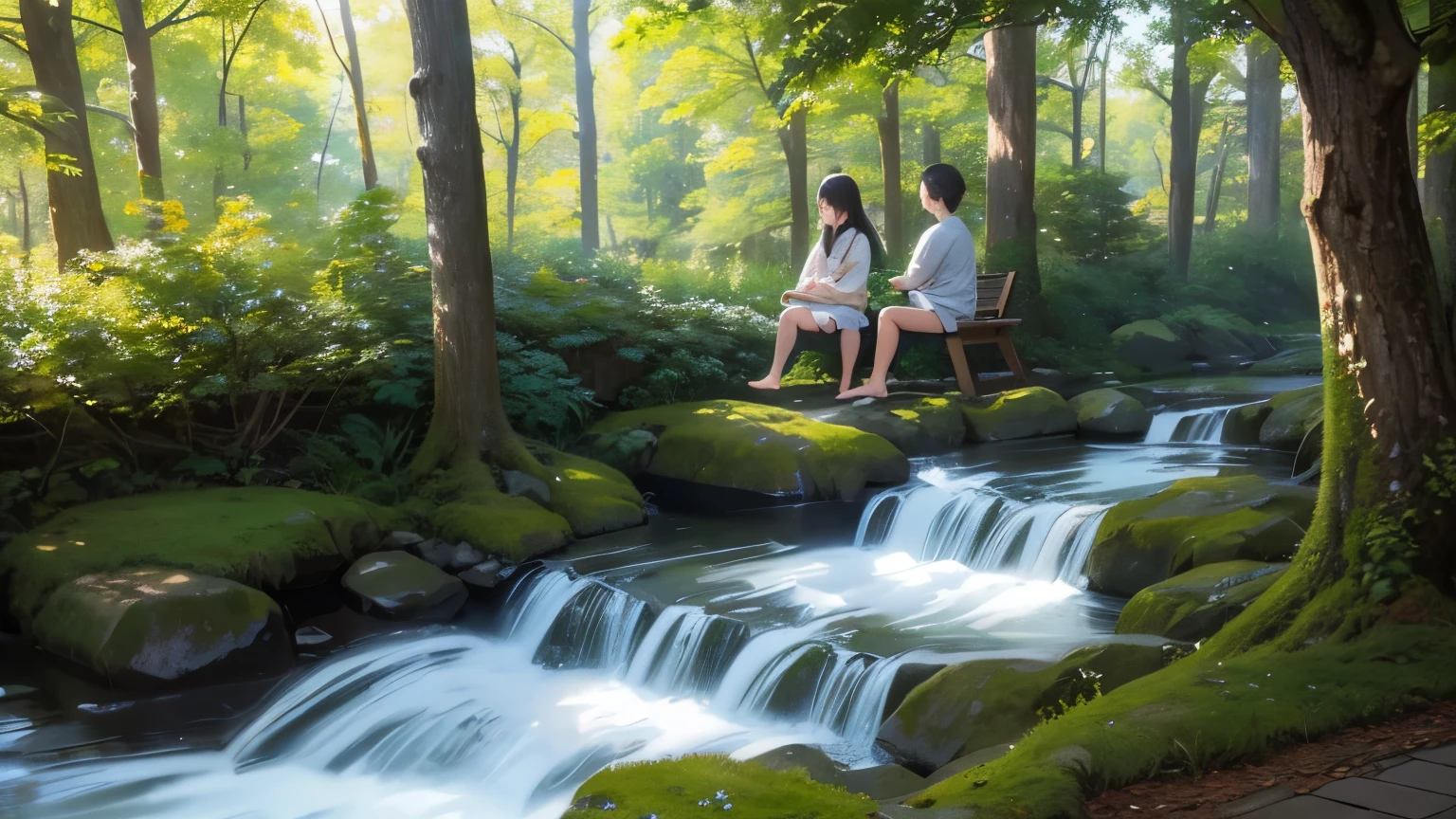 I took photos of a peaceful moment spent in nature.。wood々Imagine a peaceful landscape with soft morning light shining through the space.。A calm stream meandering、Surrounded by lush greenery。In the foreground、people sitting quietly on the bank、Are you meditating?、Perhaps they are simply soaking in the calmness of their surroundings.。The overall atmosphere is calm and connected to the natural world.、Highlights the beauty and peace of outdoor moments。