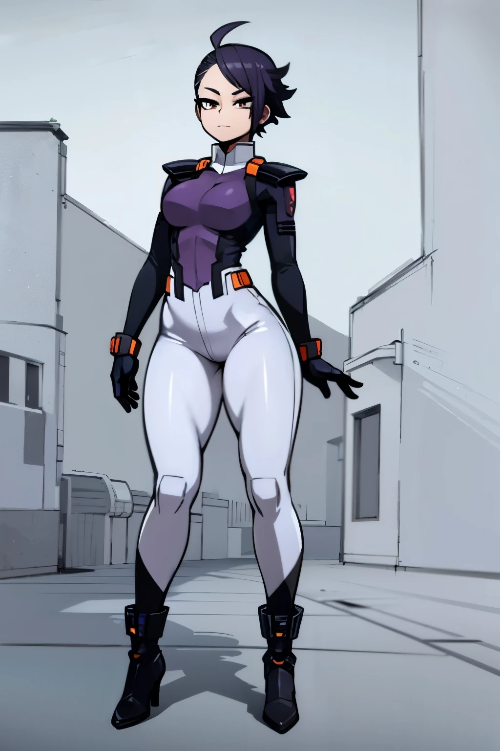 My Hero Academia style, anime Girl, female, trending on artstation pixiv, (full body shot:1.5), wide hips, wide thighs, medium breast, buzzcut side, dark purple hair, short hair, Orange eyes, hero suit, full body suit, dark purple suit with white pants, white booties, perfect hands, smug, joyful gaze, Perfect anatomy, Super Detailed,