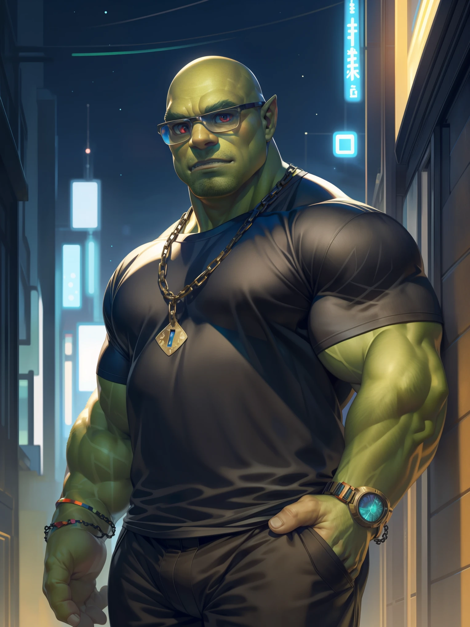 solo, male, orc,((casual, sci-fi)), (green skin, human print), green skin, red eyes, well dressed, middle-aged, detailed face, detailed eyes, bald, green hair, (street clothes:1.2), shirt, black t-shirt, clean clothes, sunglasses, black pants, bracelet, watch, chains, full body, covered chest, detailed teeth, cyberpunk, simple gradient background, (by null-ghost,by raccoon21, masterpiece, high quality,hi-res,8k hd), standing,close-view portrait, looking at viewer, night, indoor, calm, gentle, dark shadows