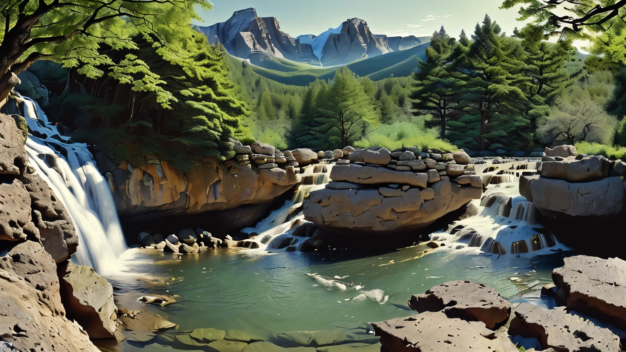 ((ultra wide angle x0.5:1.5, fisheye camera, 360 degrees, (landscape with mountains, river, trees, rocks, waterfall:1.5), ((Imaginative scene)), ((very detailed: 1.4), (( Masterpiece )), ( Hyper-detailed and beautiful: 1.3), (Photorealistic: 1.4), 32k.