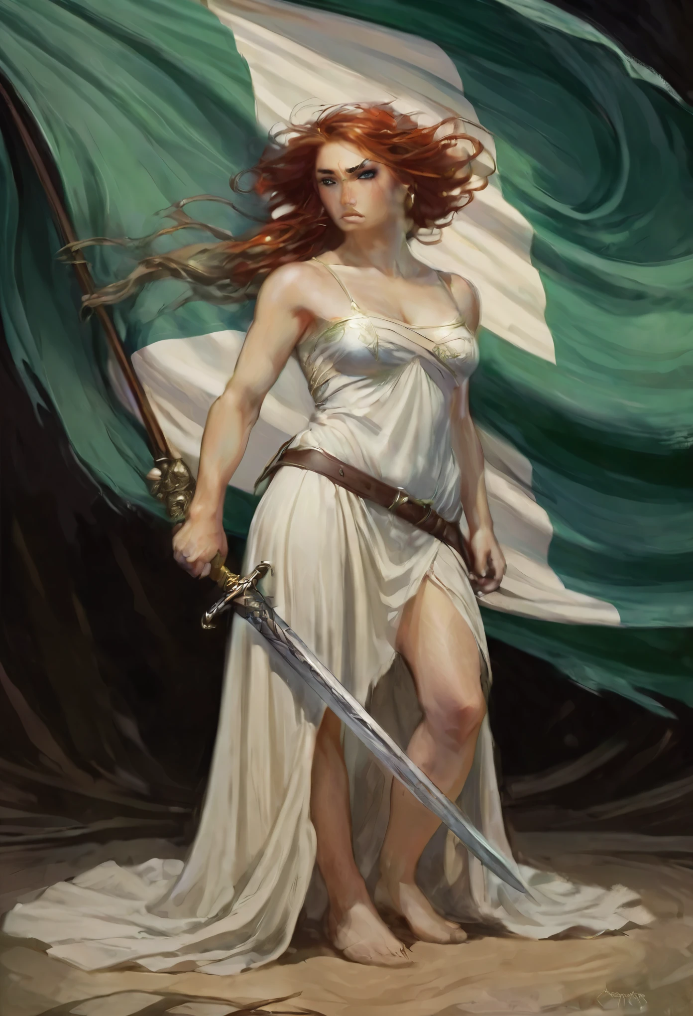 a painting of a woman holding a sword and a flag, charlie bowater character art, artgerm lau, goddess of war, she is holding a sword, artgerm detailed, in style of artgerm, holding a sword on her shoulder, greek myth digital painting, artgerm. high detail, style of charlie bowater