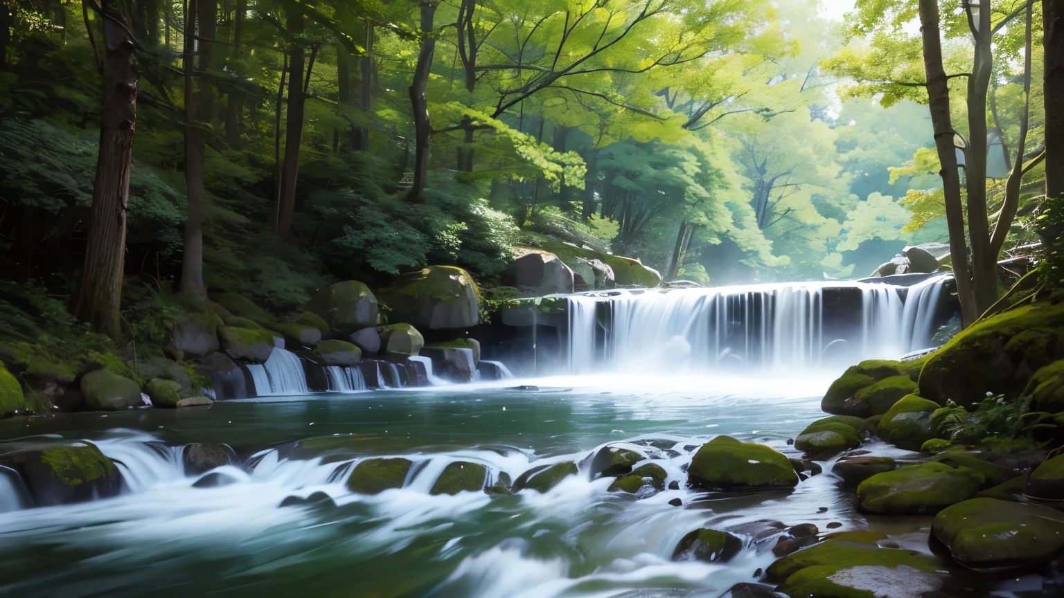 I took photos of a peaceful moment spent in nature.。wood々Imagine a peaceful landscape with soft morning light shining through the space.。A calm stream meandering、Surrounded by lush greenery。In the foreground、people sitting quietly on the bank、Are you meditating?、Perhaps they are simply soaking in the calmness of their surroundings.。The overall atmosphere is calm and connected to the natural world.、Highlights the beauty and peace of outdoor moments。