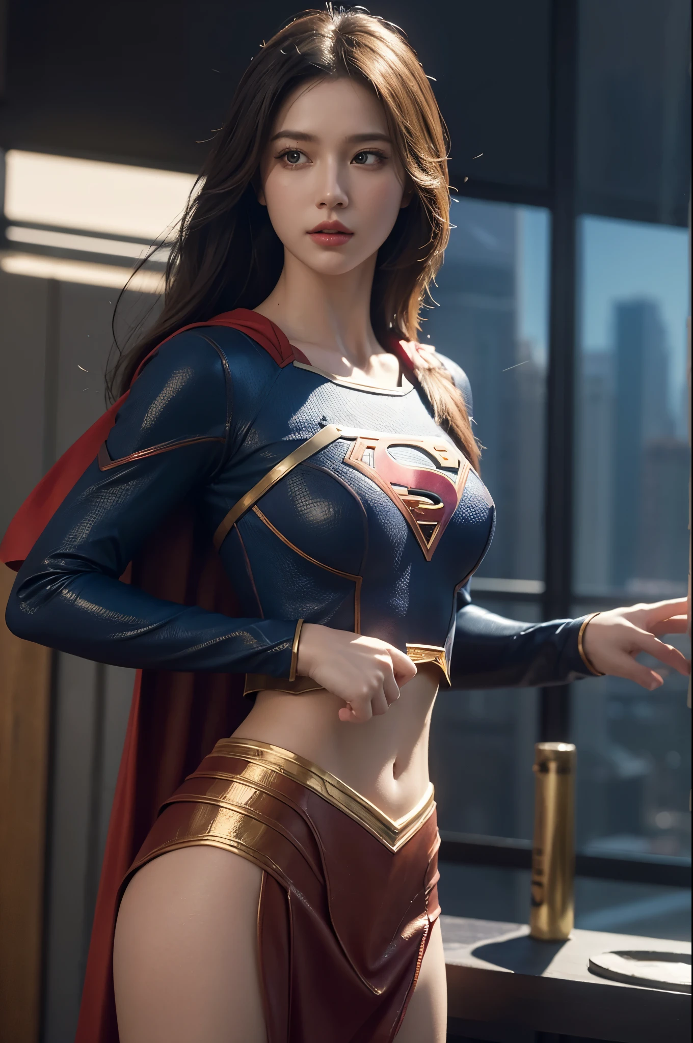 Supergirl, above the city, preparing for battle, detailed artistic photography, beautiful detailed face, dreamy, glowing, backlit, glamour, glow, shadows, oil on canvas, brush strokes, soft, ultra high definition, 8k, unreal engine 5, ultra focus sharp, artgerm, loish, sf, intricate art masterpiece, menacing, matte paint movie poster, golden ratio, trends in cgsociety, intricate, epic, highly detailed, vibrant, production cinematic character rendering, quality model ultra high, huge , nsfw