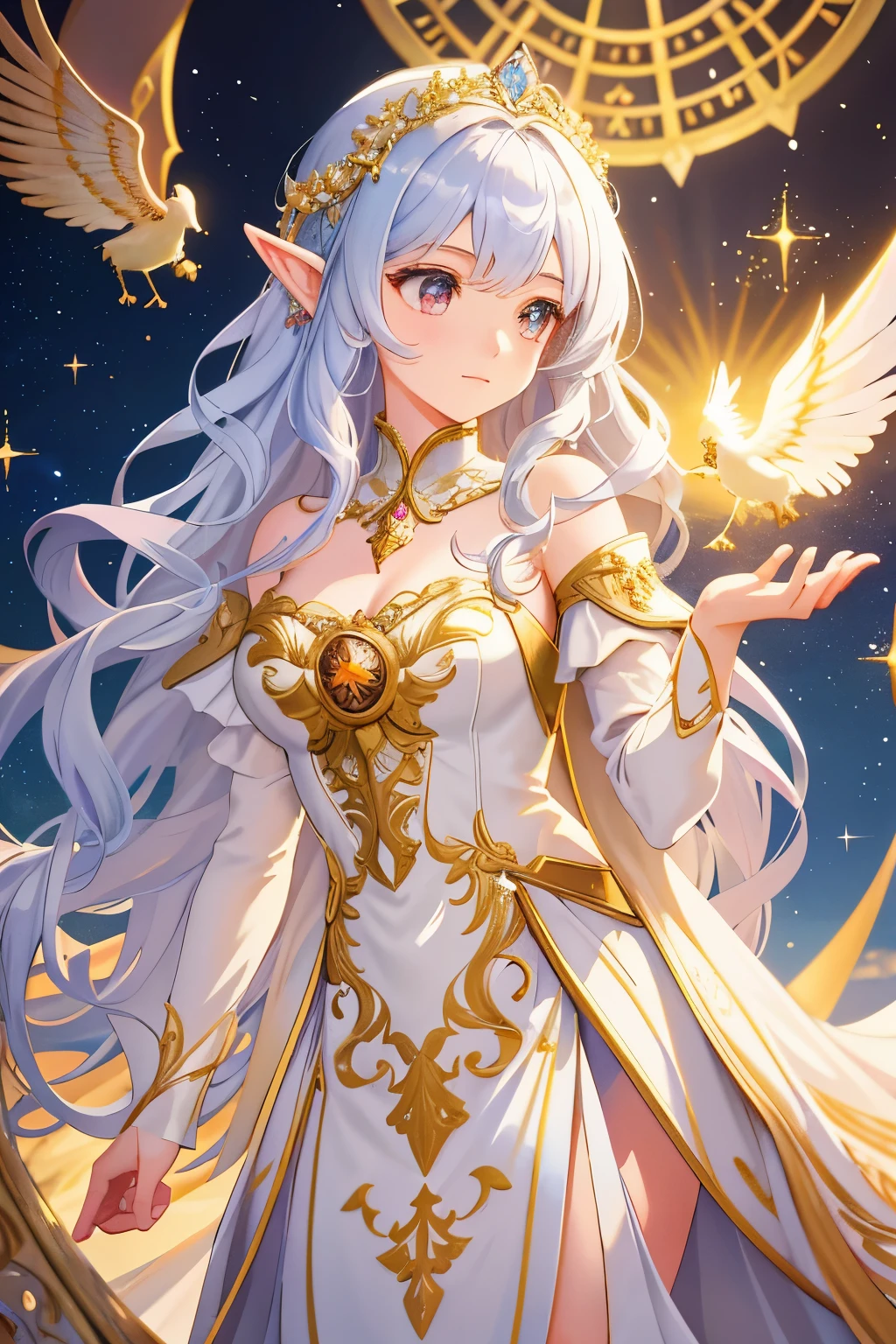 A girl with long, wavy hair in the Harry Potter style, adorned with fairy-like features such as pointed ears and delicate wings, is depicted in the artwork. She is dressed in a flowy, white gown, as if ready for a magical encounter. The background showcases a grand, levitating castle, with intricate detailing and spellbinding aura. The art style is captivatingly realistic, with ultra-detailed textures and precise lines, rendering in 4K resolution. The lighting is atmospheric, with the warm hues of the magical world casting an enchanting glow over the scene. The colors are vivid and bright, adding to the whimsical and magical feel of