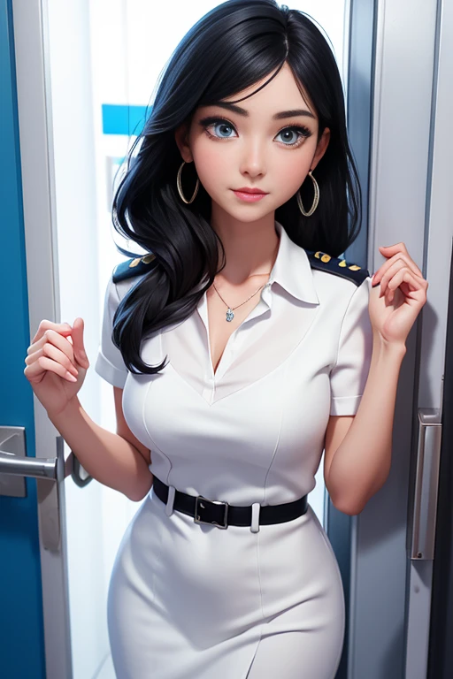 1 woman, black hair, blue pupils, delicate face, cute, love earrings, white dress, standing at the door of the police station, playful, ultra hd, masterpiece, best quality, super detail, ccurate