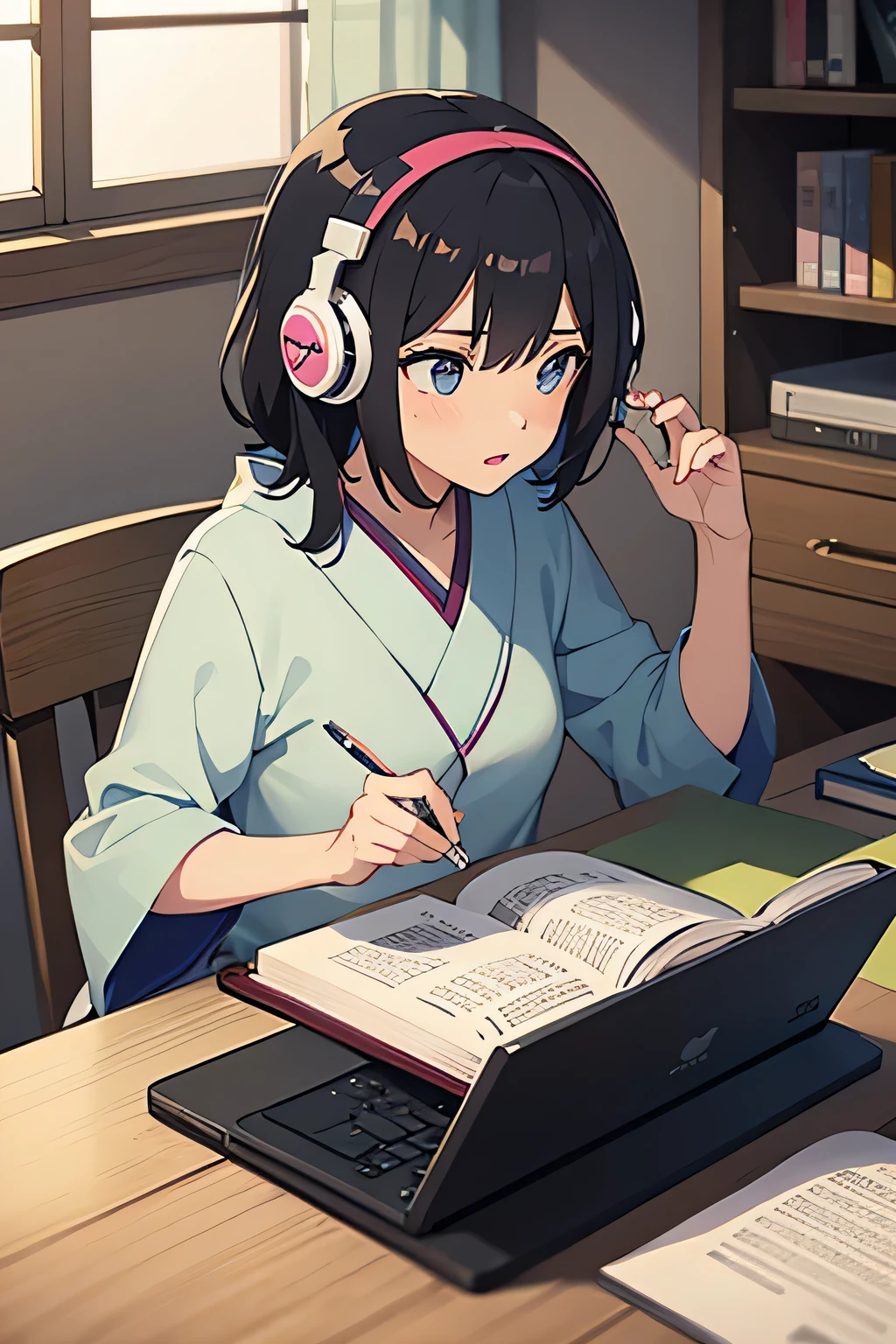girl studying book and listening to music using headphones, 2D anime Japanese style.