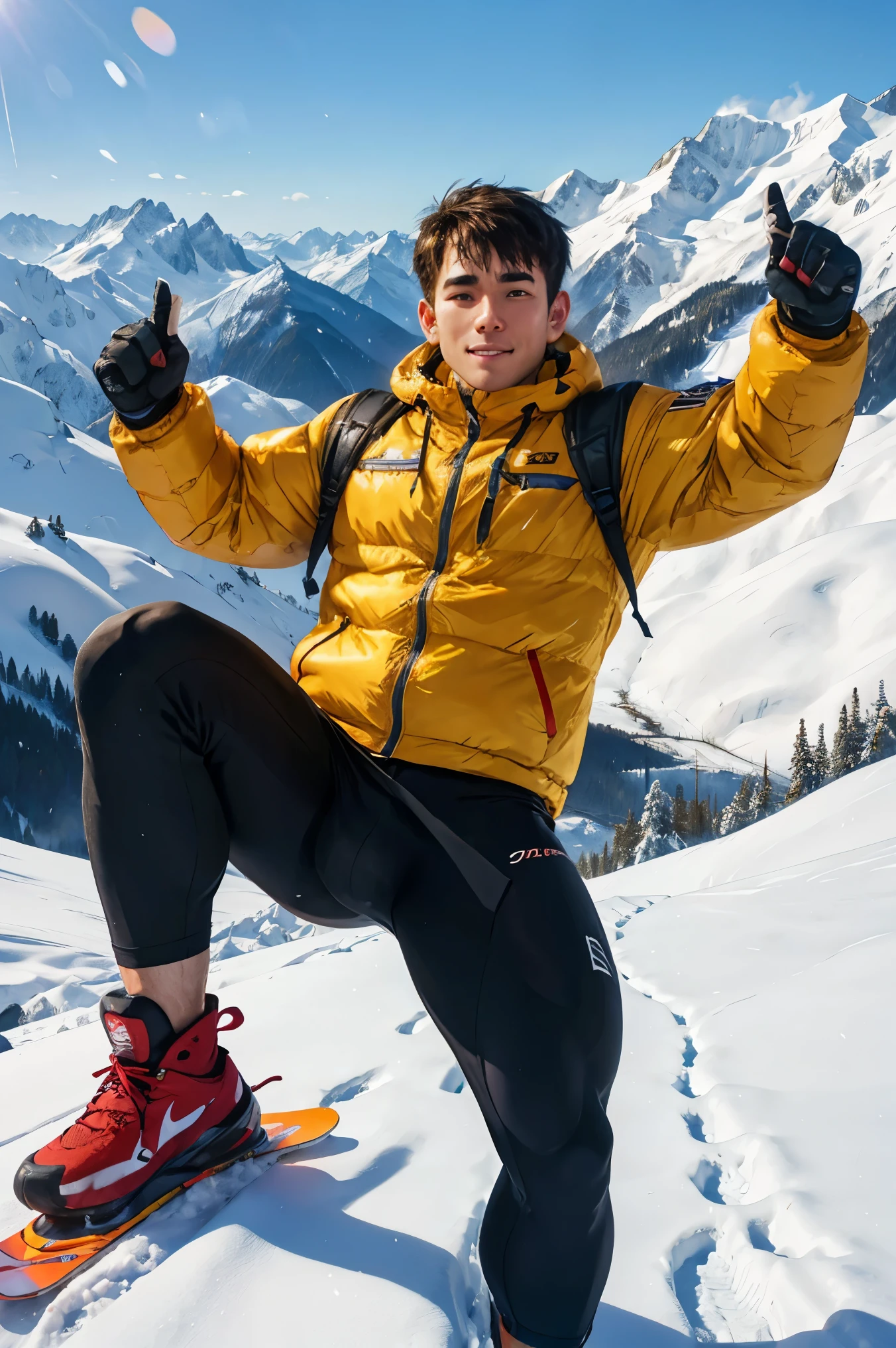 Smiling Thai man with a stocky body, skiing on a snowy mountain, falling snow.