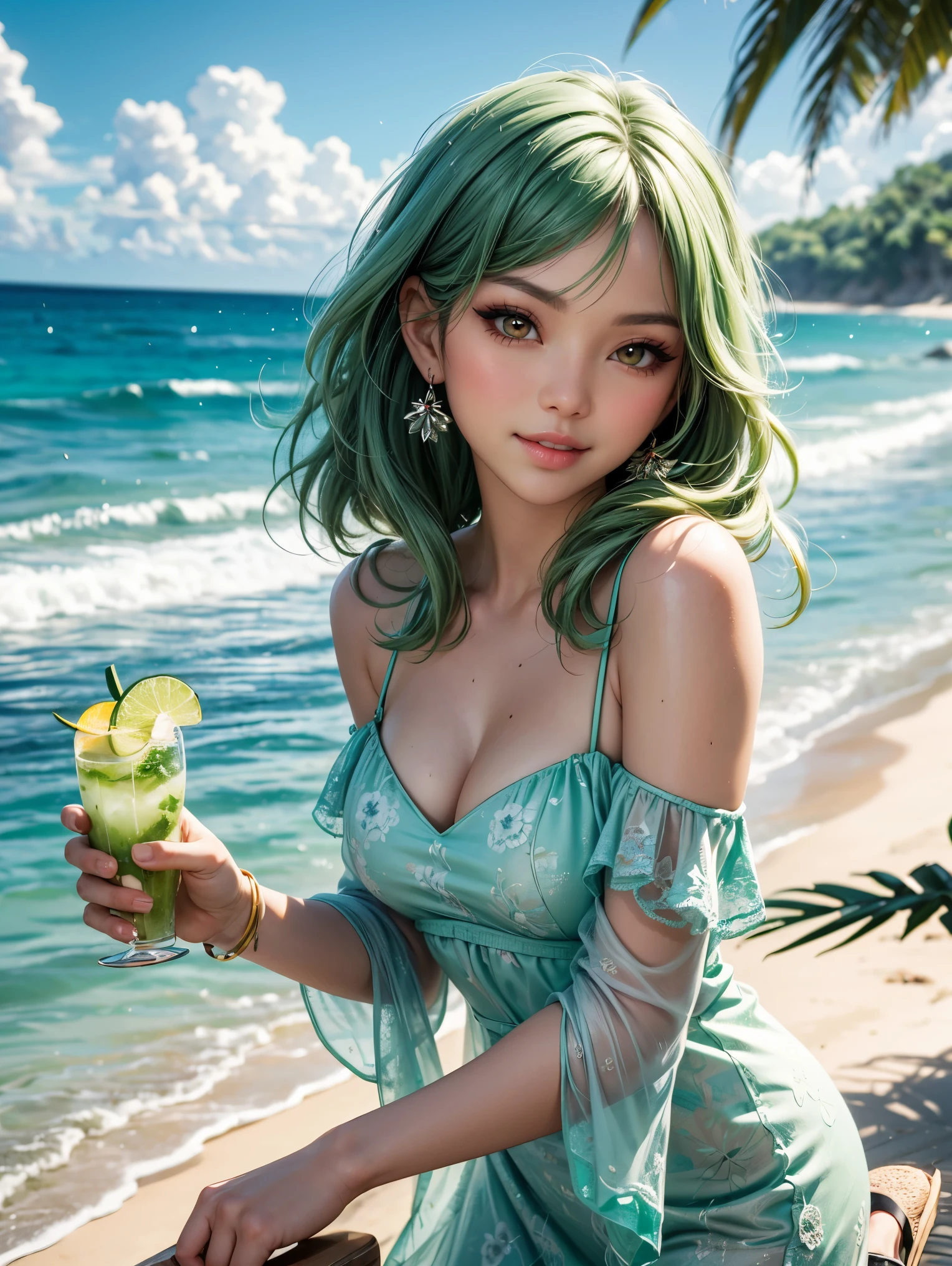 (((Ultra detailed, beautiful face, Megapixel))) A vivacious and refreshing mojito-inspired Latina woman, with a radiant smile that lights up the room. Her ((shoulder-length, mint green hair)) is styled in loose waves, reminiscent of the drink's signature mint leaves. Her eyes sparkle with the same vibrant hue, mirroring the refreshing taste of lime. She wears a chic and summery outfit, donning a flowing off-shoulder dress in a lively shade of pale green, adorned with delicate lime slice patterns. The dress elegantly flows with every step, just like the perfect mojito's balance. Completing the look, she wears strappy sandals with a playful twist, resembling crushed ice and mint leaves. In her hand, she holds a mojito cocktail, garnished with fresh mint and lime wedges, ready to savor its invigorating taste. The backdrop features a beachside bar, where tropical vibes mingle with the sound of crashing waves, capturing the essence of this delightful cocktail.