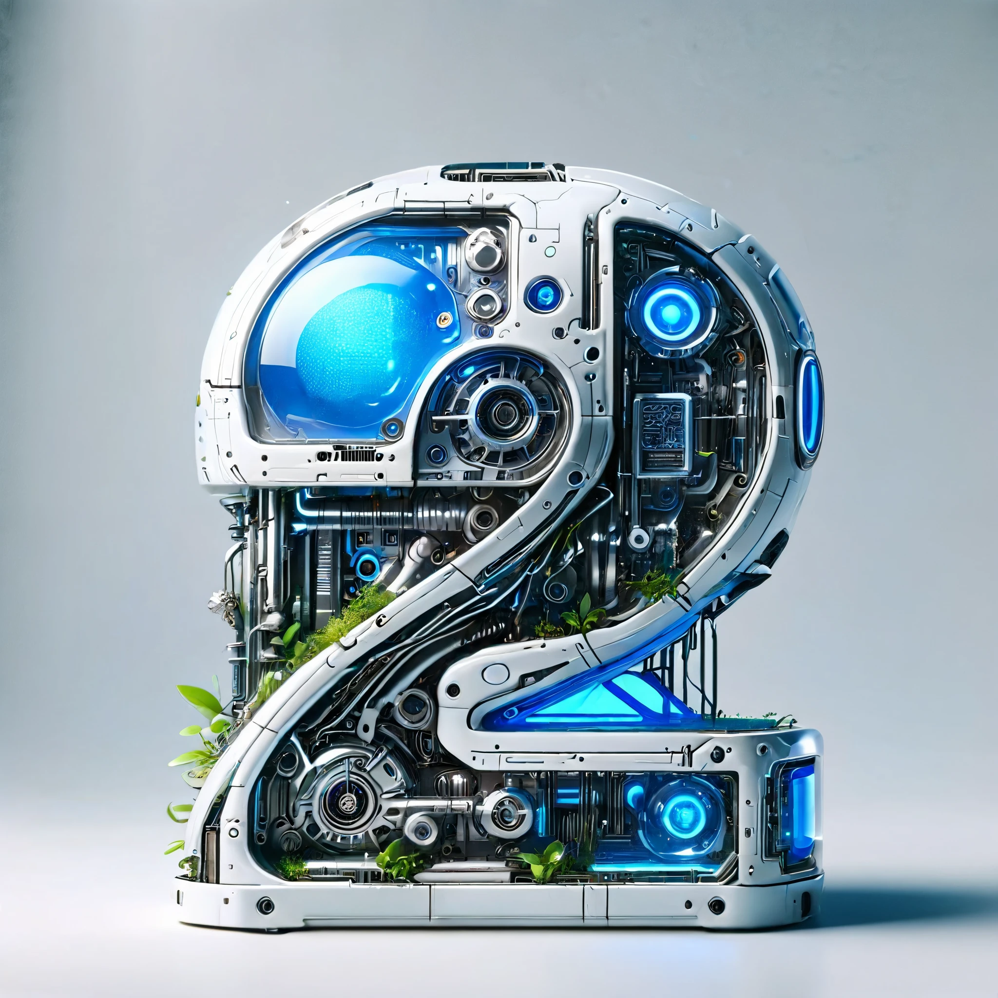 Digital Art，Cyberpunk，Equipment，White ceramic housing，blue transparent glass，3D rendering，ray tracing，Reasonable structure，Complex internal structure