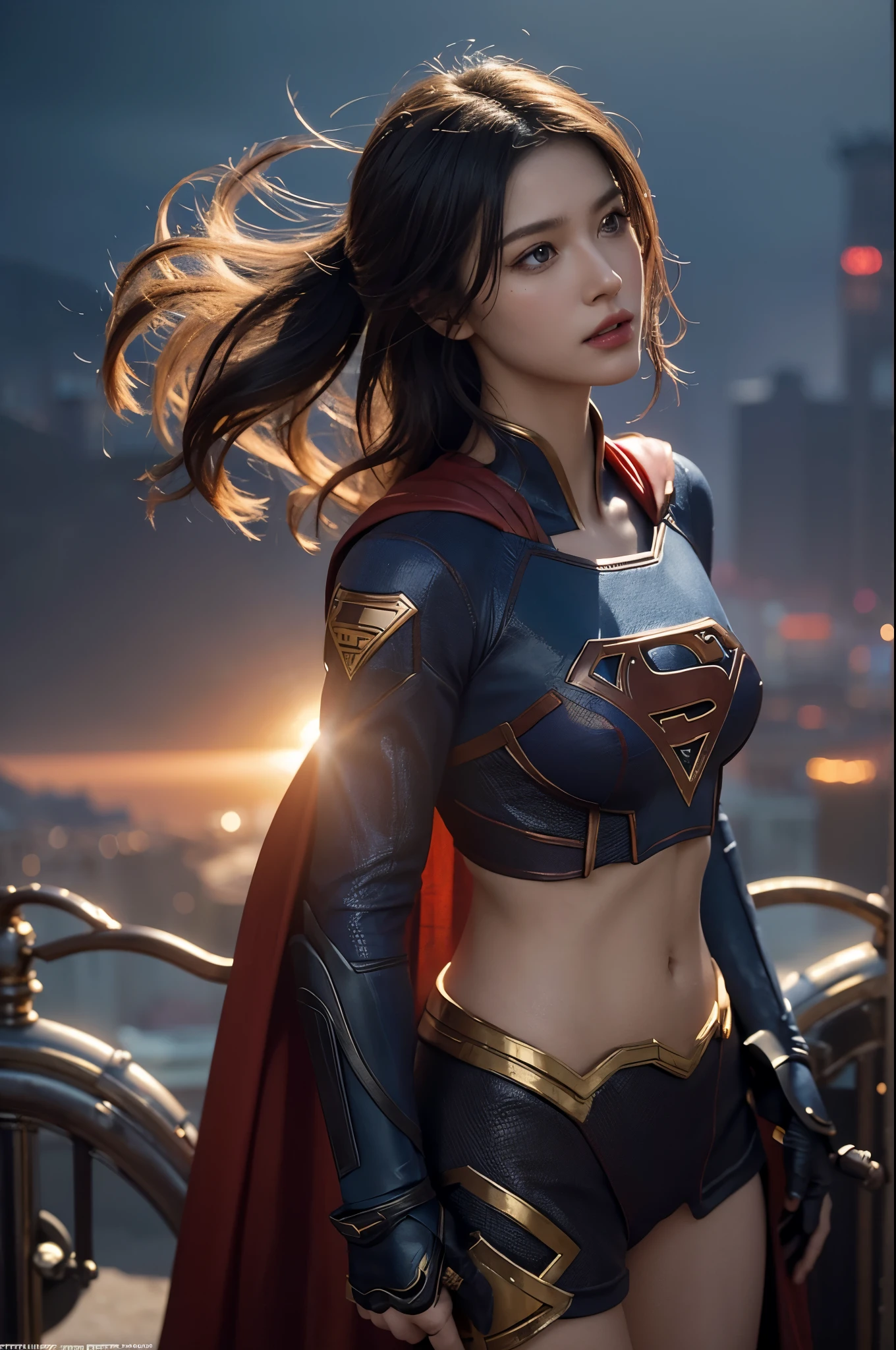 Supergirl, above the city, preparing for battle, detailed artistic photography, beautiful detailed face, dreamy, glowing, backlit, glamour, glow, shadows, oil on canvas, brush strokes, soft, ultra high definition, 8k, unreal engine 5, ultra focus sharp, artgerm, loish, sf, intricate art masterpiece, menacing, matte paint movie poster, golden ratio, trends in cgsociety, intricate, epic, highly detailed, vibrant, production cinematic character rendering, quality model ultra high, huge , nsfw