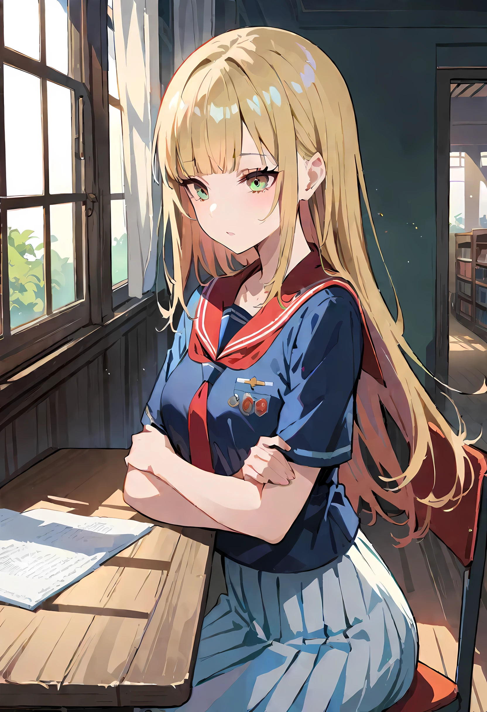((masterpiece,best quality, High resolution)), 1 girl, alone, green eyes, long golden hair,tie a blue ribbon, blunt bangs, sitting, Cross your arms on the table, sleeping with arms folded, uniform, Shirase Fuku, Red sailor collar, short sleeves, White pleated skirt, (In the library), dramatic light, Next to the window, afternoon light through the window, afternoon, bokeh effect