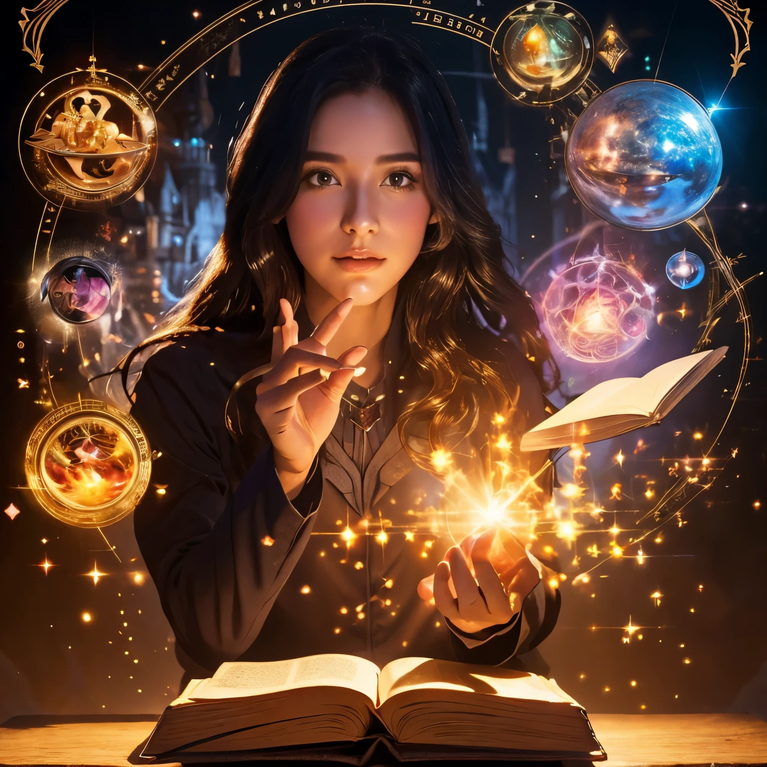 A woman holding a magic book with a magic wand in her hand - SeaArt AI