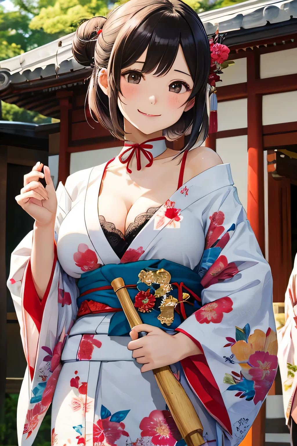 highest quality、High resolution、detailed background、cute10代の美少女、(two women:1.3)、brown hair、bob cut、braided ponytail、(huge breasts:1.3)、realistic、perfect body line、Floral embroidered panties、floral embroidered bra、emphasize the chest、emphasize cleavage、
He looked at me with a happy expression.、smile、Calm atmosphere、朱色のcuteメガネ、
Keep sleeves, typical shrine maiden&#39;s kimono, Gives a gorgeous and formal impression.、
The soft colors and floral design create a cute impression.、
Keep sleevesに合わせる帯は華やかさと巫女らしさを引き出すアイテムです.、
It is a good idea to choose an obi with a cute floral pattern or decoration on the tightening part.、
Shrine maiden&#39;The costume has a collar decoration called a maeita.。.、
Choose a front with a cute ribbon or flower motif.、
You can choose cute geta or zori sandals for the shrine maiden&#39;footwear.、
Something brightly colored、We recommend designs with small ribbons or flower decorations at the feet..、
You can also add cute accessories、
Pins and hair bands with flower and ribbon motifs、
Shrine maidenらしいアクセサリーを選んでみてください.、
Arrange your hair in a shrine maiden style such as a bun or braid..、
In makeup, to give a healthy impression、Natural skin tone and soft cheeks recommended.、
Meiji Shrine in Tokyo、This is a shrine dedicated to Emperor Meiji and his achievements during the Meiji era.。.、
Vast grounds and beautiful forest, You can enjoy the atmosphere of a traditional Japanese shrine.、
Shrine maidens participate in rituals and festivals.、
Perform sacred rituals to offer prayers and blessings in front of the shrine together with the shrine.&#39;chief priest and priests.、
Shrine maiden guides the worshipers and explains the rules and etiquette of the shrine.、
It plays the role of supporting worshipers so that they can worship properly.。.、
Shrine maiden also manages and cleans the shrine.、Maintaining the beauty and cleanliness of the shrine through maintenance and cleaning of the precincts、cute