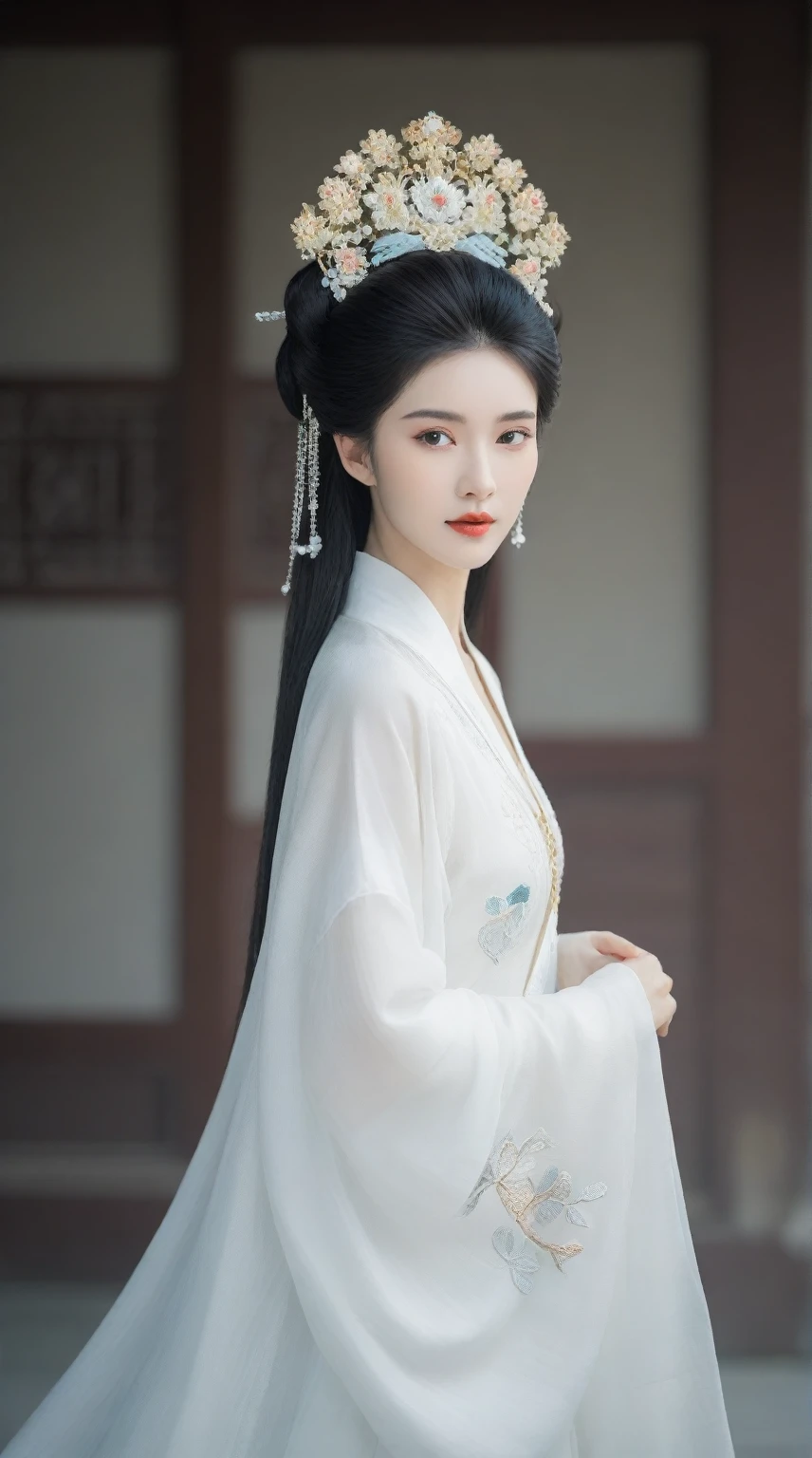 arafed woman in a white dress with a crown on her head, palais ， une fille en hanfu, inspired by Leng Mei, inspired by Du Qiong, Inspiré par Huang Ji, oeuvre d&#39;art dans le style de guweiz, inspired by Wu Bin, tendance sur cgstation, Gorgeous Chinese model, Xianxia complet du corps, style chinois