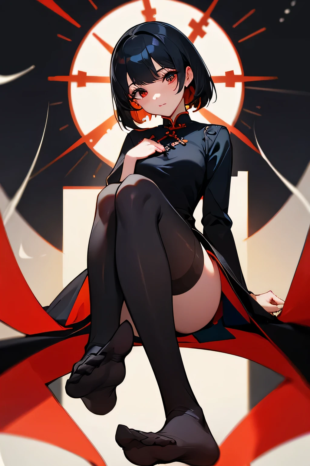 black stockings，elder sister，beauty，black hair，cheongsam，High heel，crossed feet