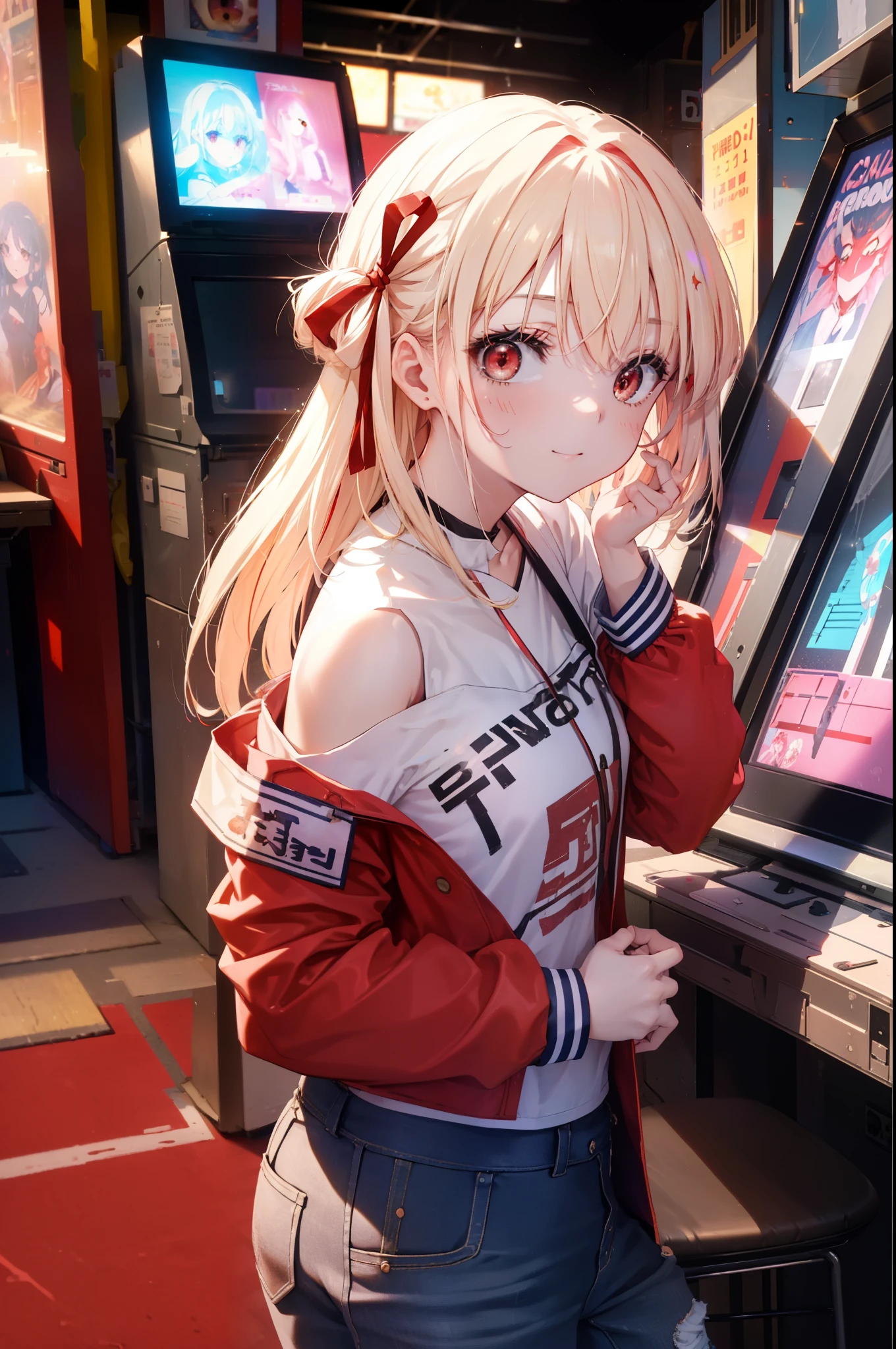 chisatonishikigi, nishikigi chisato,  bangs, blonde hair, (red eyes:1.5), hair ribbon, one side up, smile,long hair,tie hair back,,off shoulder dress,short denim pants,short boots,smile,sitting Chair, game_center, scenery, arcade cabinet, Chair, poster (object), indoor ,s4g4m1,
break indoors, gameセンター,
break looking at viewer, (cowboy shot:1.5),
break (masterpiece:1.2), highest quality, High resolution, unity 8k wallpaper, (shape:0.8), (fine and beautiful eyes:1.6), highly detailed face, perfect lighting, Very detailed CG, (perfect hands, perfect anatomy),