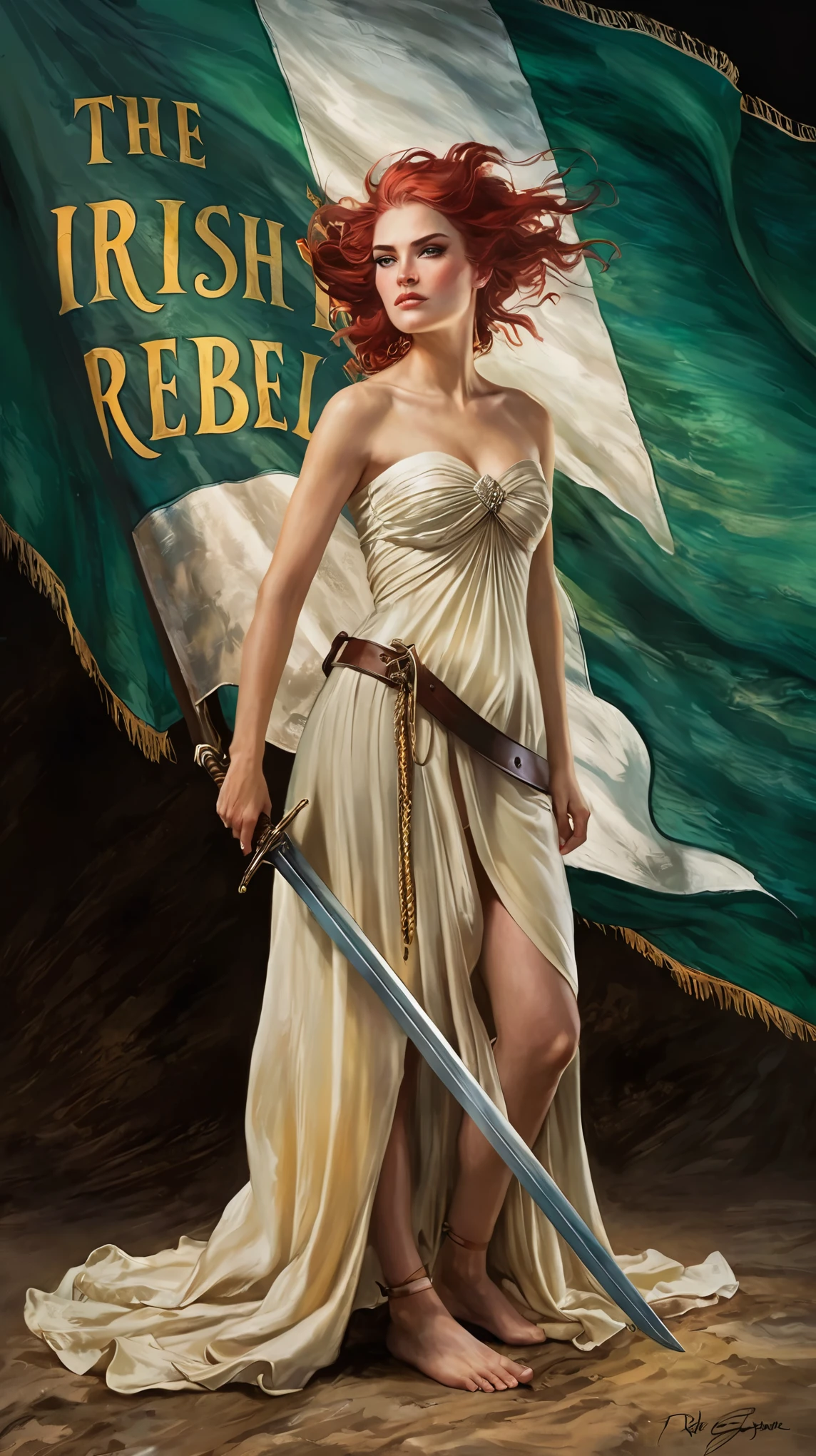 painting of a woman in a dress holding a sword and a flag, rob rey, reinassance painting, rob rey and kentarõ miura style, in style of anne stokes, by Darek Zabrocki, artgerm julie bell beeple, inspired by Roberto Ferri, regal and proud robust woman, charlie bowater character art