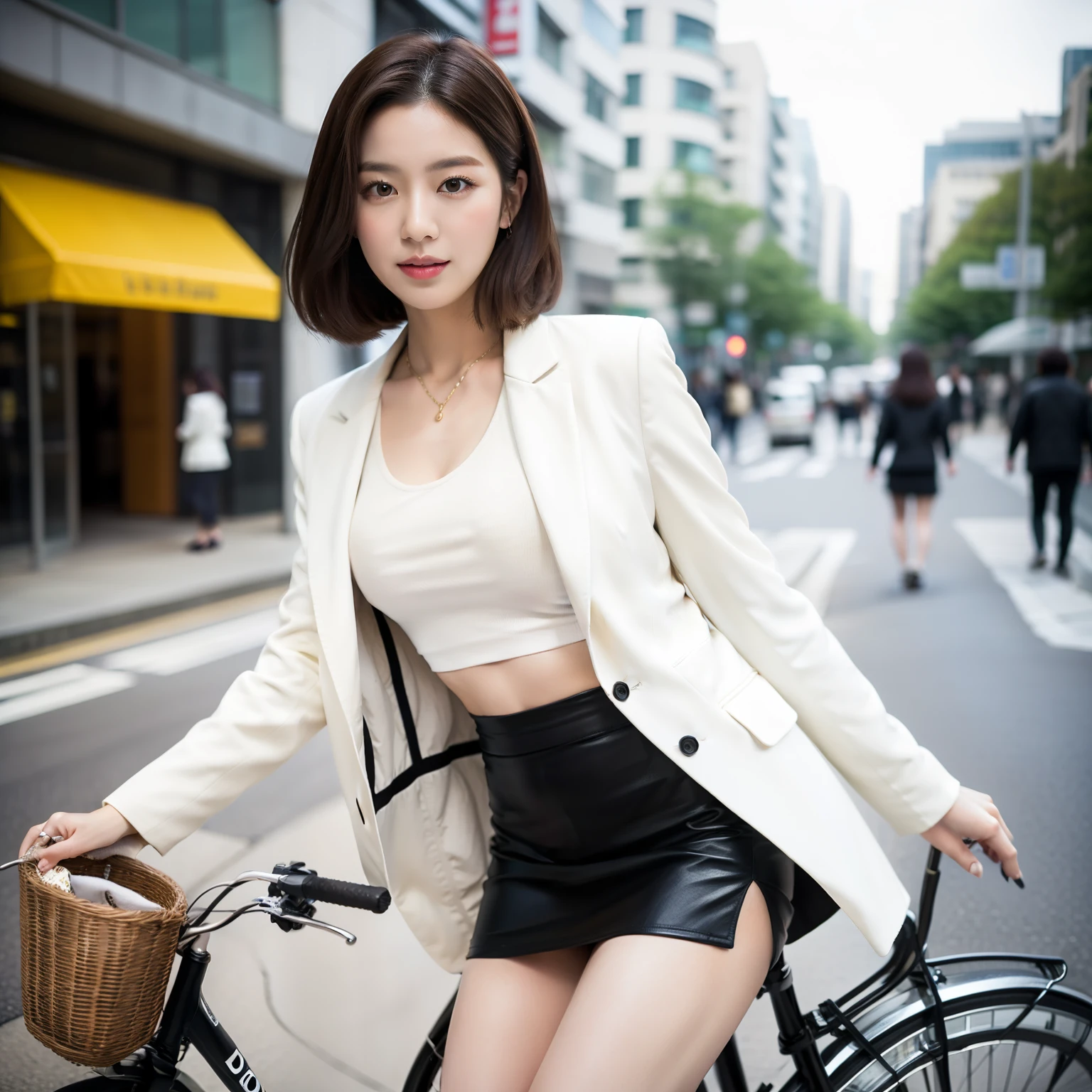 An arafe Asian woman wearing a miniskirt riding a bicycle on a city street, korean girl, short jacket, super mini skirt、white panties、korean female fashion model, wears tight and simple clothes, gorgeous young korean woman, slim girl model photo, korean woman, Choi Hong Hwa, white jacket, Middle shot waist up, Photographed with Canon EOS R6, Photographed with Sony α7R camera