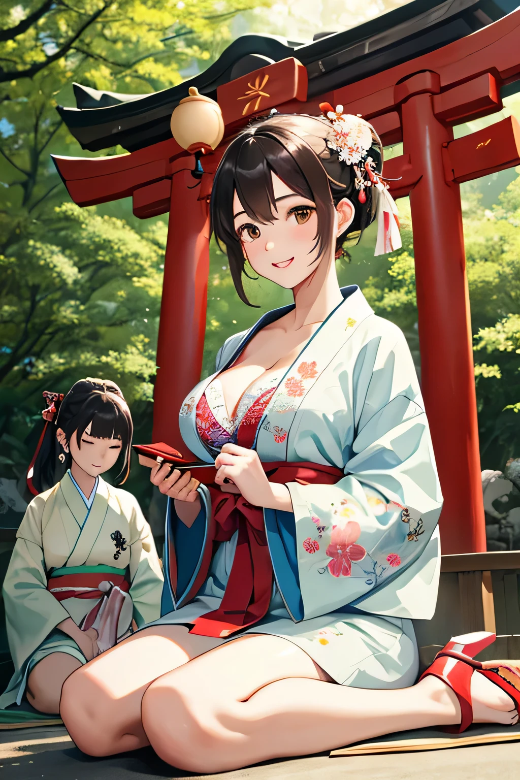 highest quality、High resolution、detailed background、cute10代の美少女、(two women:1.3)、brown hair、bob cut、braided ponytail、(huge breasts:1.3)、realistic、perfect body line、Floral embroidered panties、floral embroidered bra、emphasize the chest、emphasize cleavage、
He looked at me with a happy expression.、smile、Calm atmosphere、朱色のcuteメガネ、
Keep sleeves, typical shrine maiden's kimono, Gives a gorgeous and formal impression.、
The soft colors and floral design create a cute impression.、
Keep sleevesに合わせる帯は華やかさと巫女らしさを引き出すアイテムです.、
It is a good idea to choose an obi with a cute floral pattern or decoration on the tightening part.、
Shrine maiden'The costume has a collar decoration called a maeita.。.、
Choose a front with a cute ribbon or flower motif.、
You can choose cute geta or zori sandals for the shrine maiden'footwear.、
Something brightly colored、We recommend designs with small ribbons or flower decorations at the feet..、
You can also add cute accessories、
Pins and hair bands with flower and ribbon motifs、
Shrine maidenらしいアクセサリーを選んでみてください.、
Arrange your hair in a shrine maiden style such as a bun or braid..、
In makeup, to give a healthy impression、Natural skin tone and soft cheeks recommended.、
Meiji Shrine in Tokyo、This is a shrine dedicated to Emperor Meiji and his achievements during the Meiji era.。.、
Vast grounds and beautiful forest, You can enjoy the atmosphere of a traditional Japanese shrine.、
Shrine maidens participate in rituals and festivals.、
Perform sacred rituals to offer prayers and blessings in front of the shrine together with the shrine.'chief priest and priests.、
Shrine maiden guides the worshipers and explains the rules and etiquette of the shrine.、
It plays the role of supporting worshipers so that they can worship properly.。.、
Shrine maiden also manages and cleans the shrine.、Maintaining the beauty and cleanliness of the shrine through maintenance and cleaning of the precincts、cute