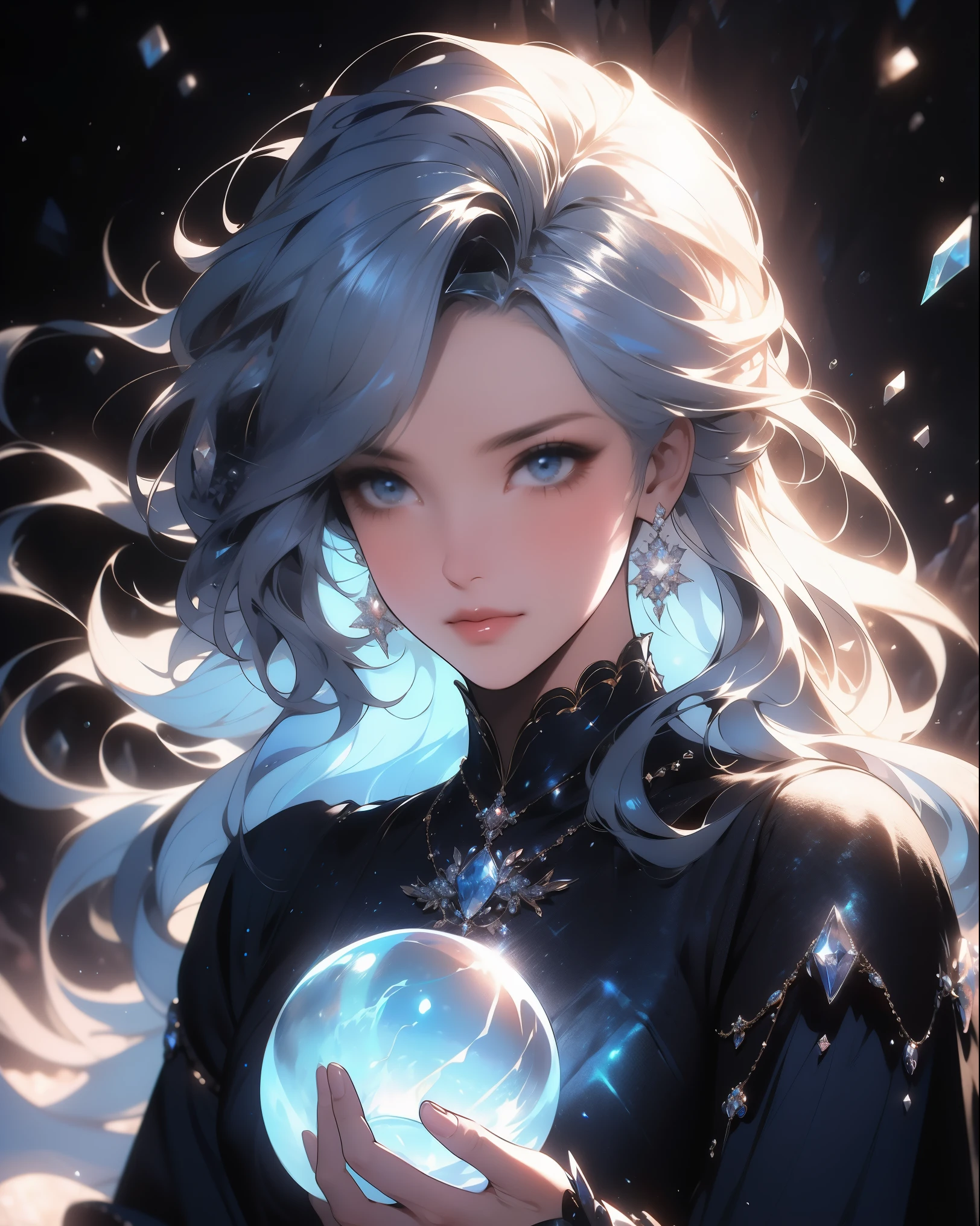 (absurdres, highres, ultra detailed), air spirit, light blue skin, 1woman, mature female, aged up, wavy long hair, navy hair, coral eyes, bangs, long sleeves, finely detailed eyes and detailed face, extremely detailed CG unity 8k wallpaper, intricate details, (style-swirlmagic:1.0), looking at viewer, solo, upper body, detailed background, close up, detailed face, (gothic dark ages theme:1.1), crystal sorcerer, dynamic pose, air themed clothes, floating in the air, glowing magical shards, surrounded by blue magical crystals, rock formations, stalactites, magical floating particles, crystal glass, crystal sphere, crystal canyon background, (shallow water:0.7), epic ethereal atmosphere, updraft,, portrait