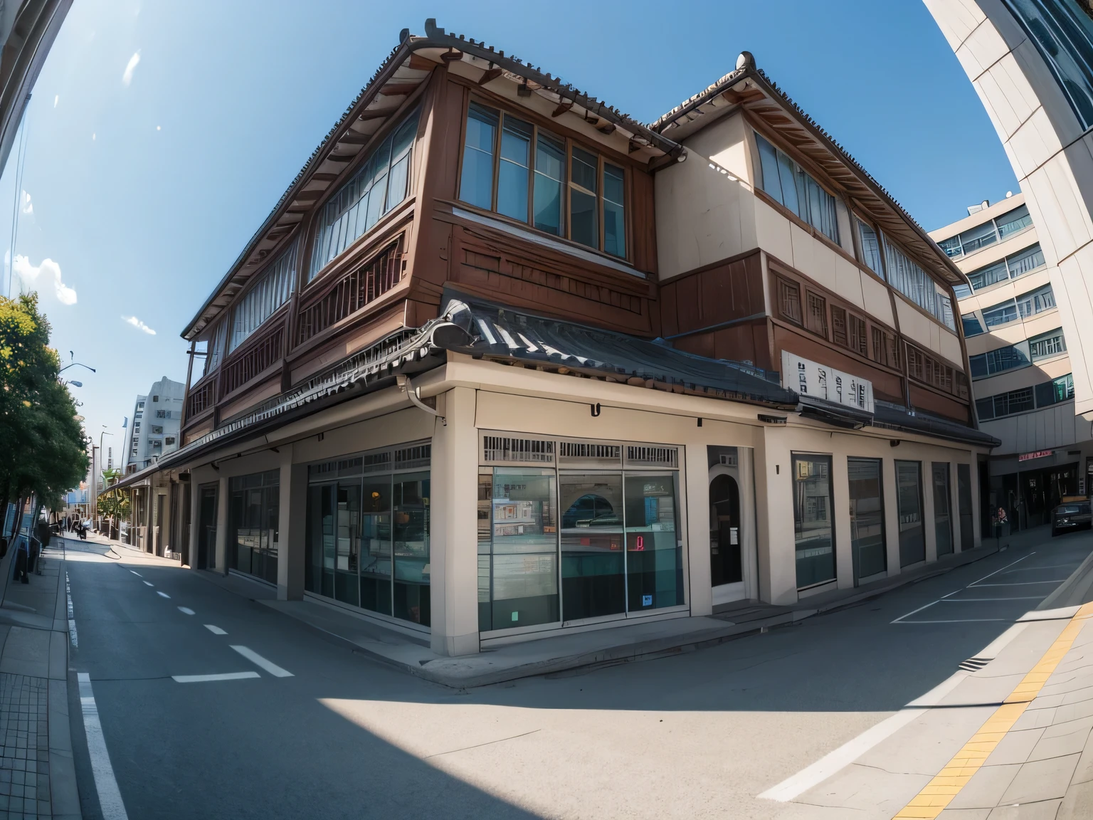super wide angle,Averill scenery,The background is a building, photography, low angle 鱼眼view, low angle fish eye 镜片,