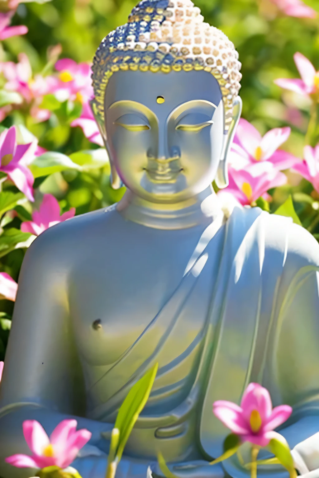 明るい背景のBuddha像 Buddha solo front looking here halo is shining upper body only close up of face hold hands Like a photograph Amazing background full of flowers