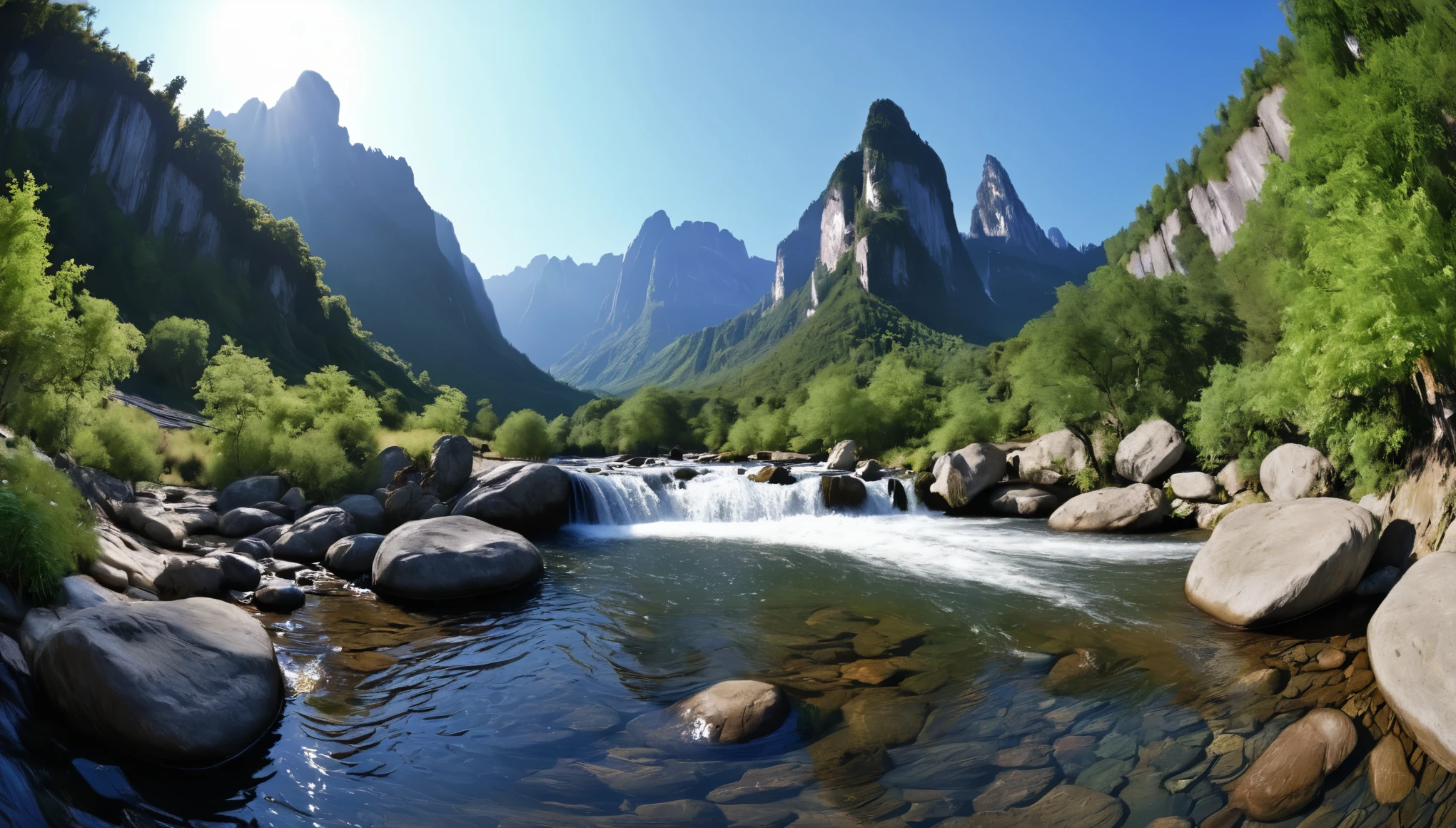 ((ultra wide angle x0.5:1.5, fisheye camera:1.5, 360 degrees:1.5)),( landscape with mountains, river, trees, rocks, waterfall:1.5), ((Imaginative scene)), (( highly detailed: 1.4), (( Masterpiece )), ( Hyper-detailed and beautiful: 1.3), (Photorealistic: 1.4), 32k.