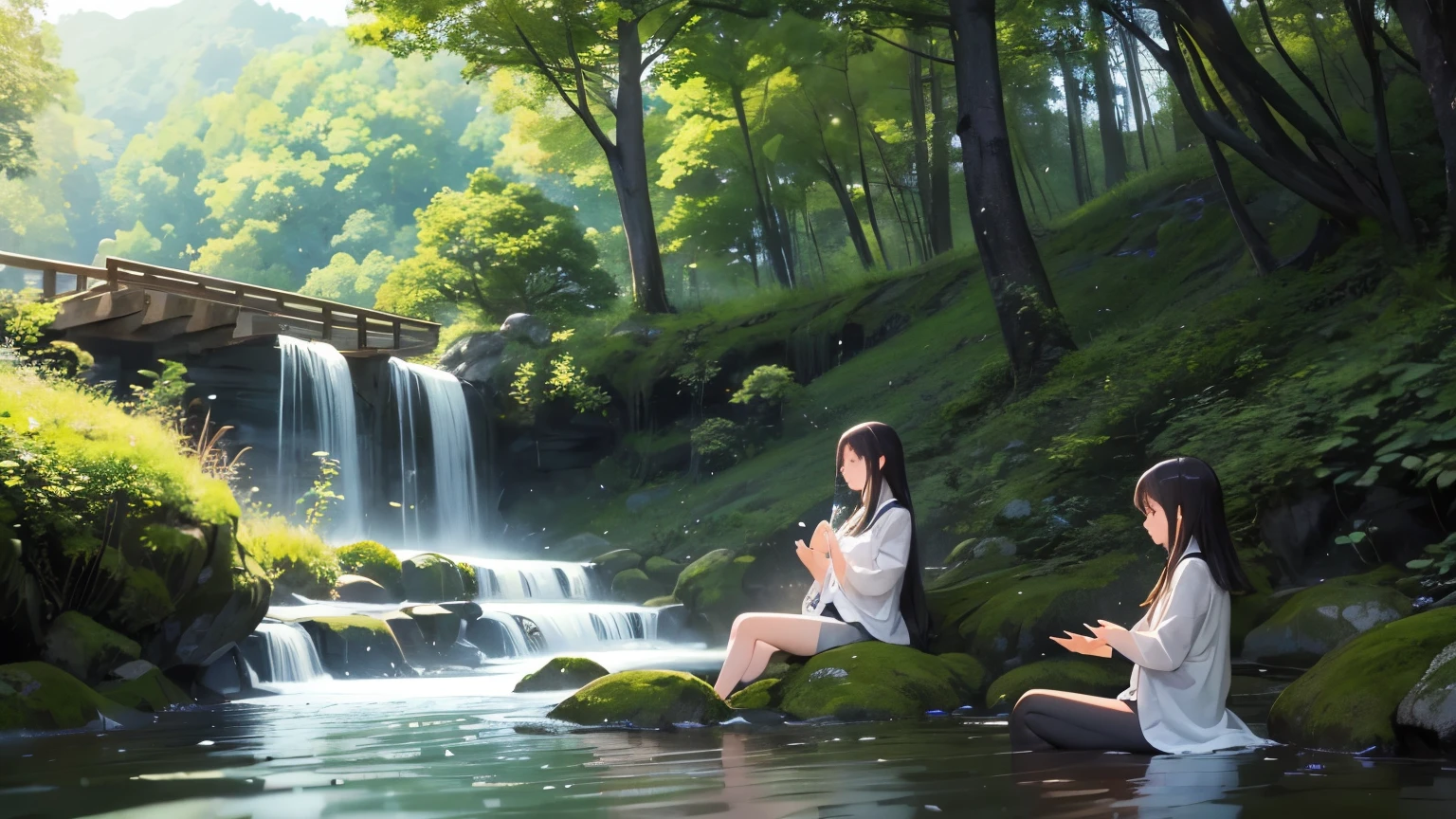 I took photos of a peaceful moment spent in nature.。wood々Imagine a peaceful landscape with soft morning light shining through the space.。A calm stream meandering、Surrounded by lush greenery。In the foreground、people sitting quietly on the bank、Are you meditating?、Perhaps they are simply soaking in the calmness of their surroundings.。The overall atmosphere is calm and connected to the natural world.、Highlights the beauty and peace of outdoor moments。