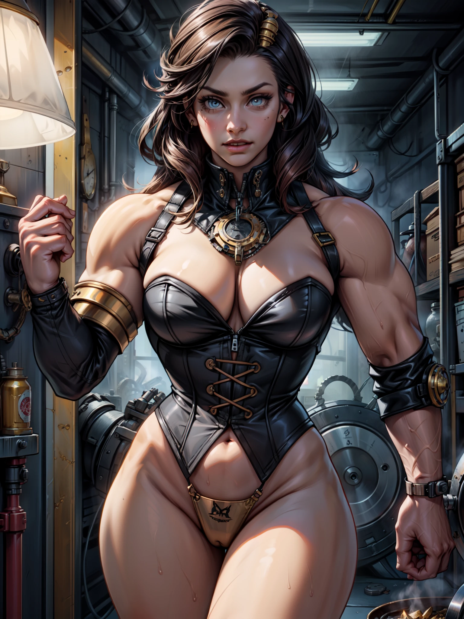 A girl with a muscular build in a steampunk-themed setting, wearing a corset, goggles, and metal arm sleeves. She has long, flowing hair, and her confident expression reveals her strong personality. The detailed eyes are enhanced with long eyelashes and vibrant iris colors. Her lips are full and well-defined, adding to her alluring appearance. The steampunk setting features gears, cogs, and intricate metalwork, creating a sense of industrial craftsmanship. The scene is lit with warm and dim lighting, emphasizing the golden hues of the brass and copper elements. The artwork is created with a mix of 3D rendering and painting techniques, capturing the fine details and textures of both the girl and the surrounding environment. The resulting image is of best quality, high resolution, and ultra-detailed, showcasing a photorealistic representation of the steampunk world.