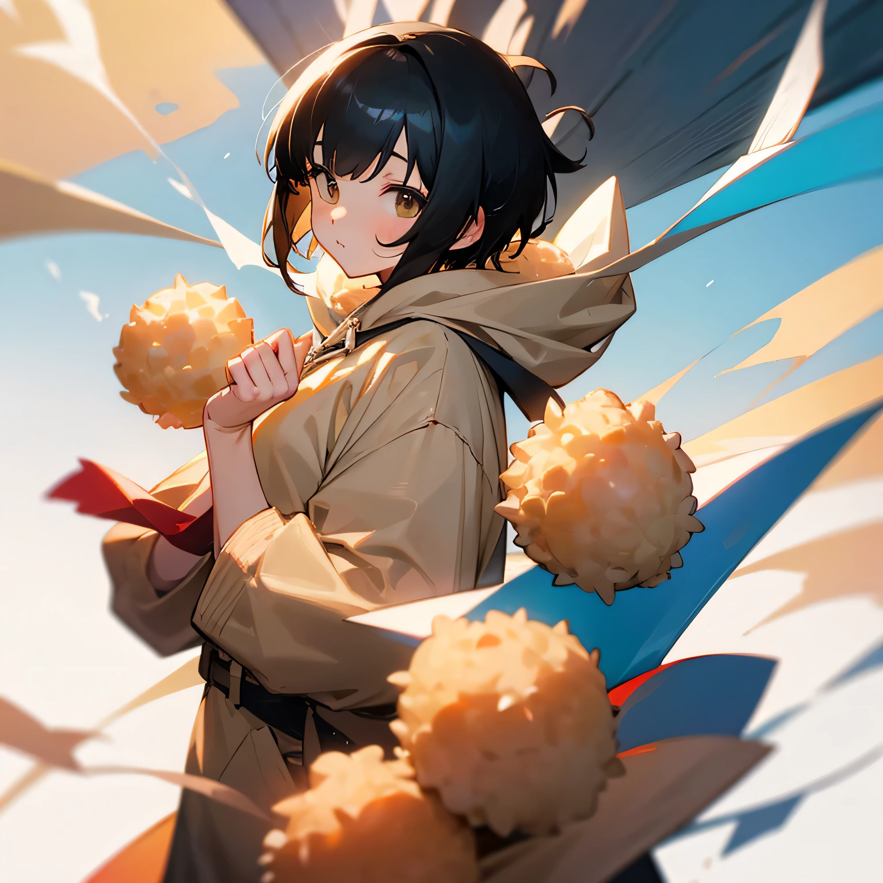 best image quality、girl with rice balls in both hands、beige hoodie、black hair short cut
