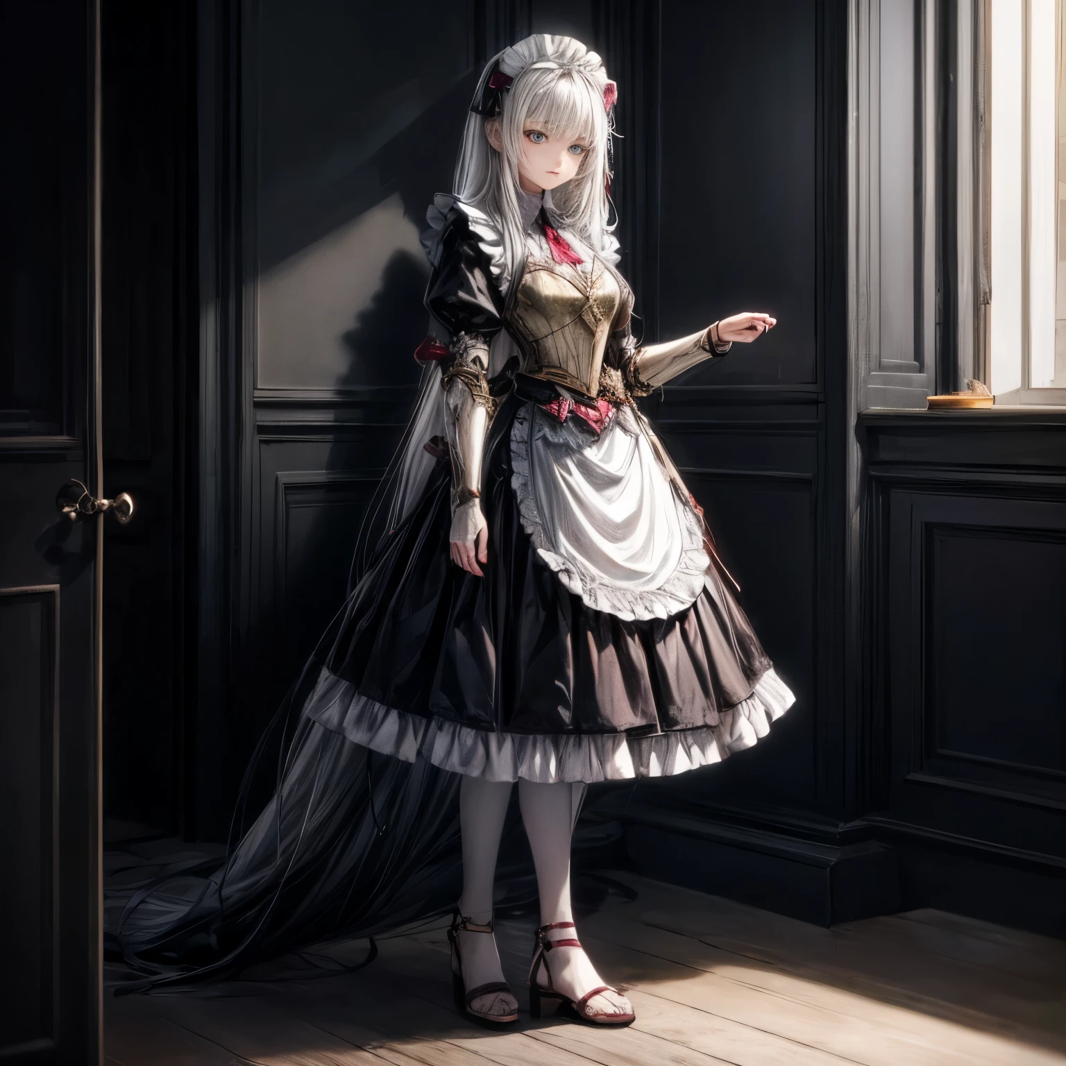 Female, standing straight symmetrical, long_hair, messy_hair, white_hair, maid with armor, metal sandals