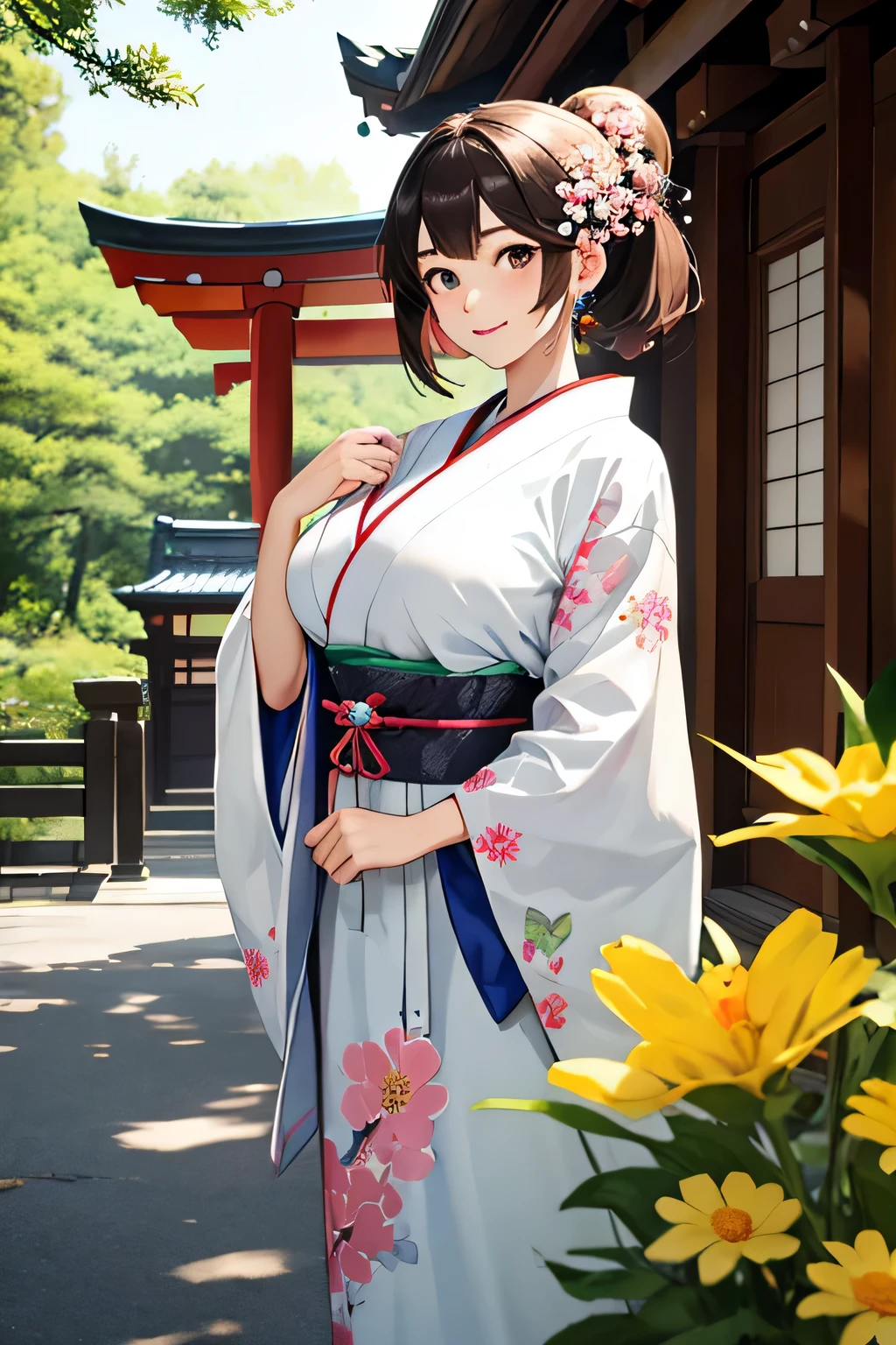 highest quality、High resolution、detailed background、cute10代の美少女、(two women:1.3)、brown hair、bob cut、braided ponytail、(huge breasts:1.3)、realistic、perfect body line、Floral embroidered panties、floral embroidered bra、cuteメガネ、
He looked at me with a happy expression.、smile、Calm atmosphere、
Keep sleeves, typical shrine maiden's kimono, Gives a gorgeous and formal impression.、
The soft colors and floral design create a cute impression.、
Keep sleevesに合わせる帯は華やかさと巫女らしさを引き出すアイテムです.、
It is a good idea to choose an obi with a cute floral pattern or decoration on the tightening part.、
Shrine maiden'The costume has a collar decoration called a maeita.。.、
Choose a front with a cute ribbon or flower motif.、
You can choose cute geta or zori sandals for the shrine maiden'footwear.、
Something brightly colored、We recommend designs with small ribbons or flower decorations at the feet..、
You can also add cute accessories、
Pins and hair bands with flower and ribbon motifs、
Shrine maidenらしいアクセサリーを選んでみてください.、
Arrange your hair in a shrine maiden style such as a bun or braid..、
In makeup, to give a healthy impression、Natural skin tone and soft cheeks recommended.、
Meiji Shrine in Tokyo、This is a shrine dedicated to Emperor Meiji and his achievements during the Meiji era.。.、
Vast grounds and beautiful forest, You can enjoy the atmosphere of a traditional Japanese shrine.、
Shrine maiden guides the worshipers and explains the rules and etiquette of the shrine.、
It plays the role of supporting worshipers so that they can worship properly.。.、
Shrine maiden also manages and cleans the shrine.、Maintaining the beauty and cleanliness of the shrine through maintenance and cleaning of the precincts、cute