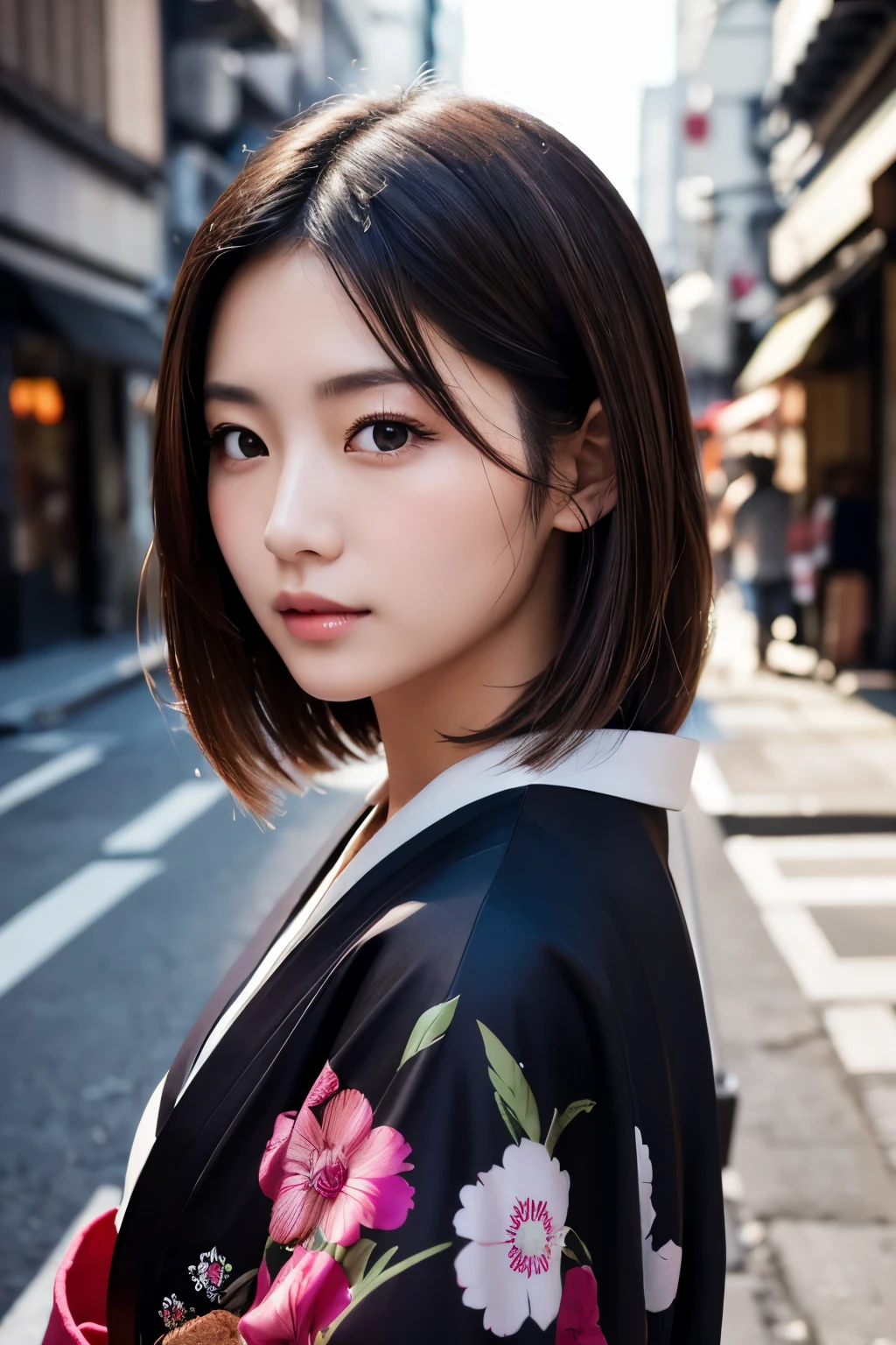 Beautiful Japanese supermodel woman, A lock of hair with slight highlights, black eyes, Sexy,street background,Gorgeous kimono , Liquid color flows across her face, Shooting against the light,Perfect facial lighting,mixed media