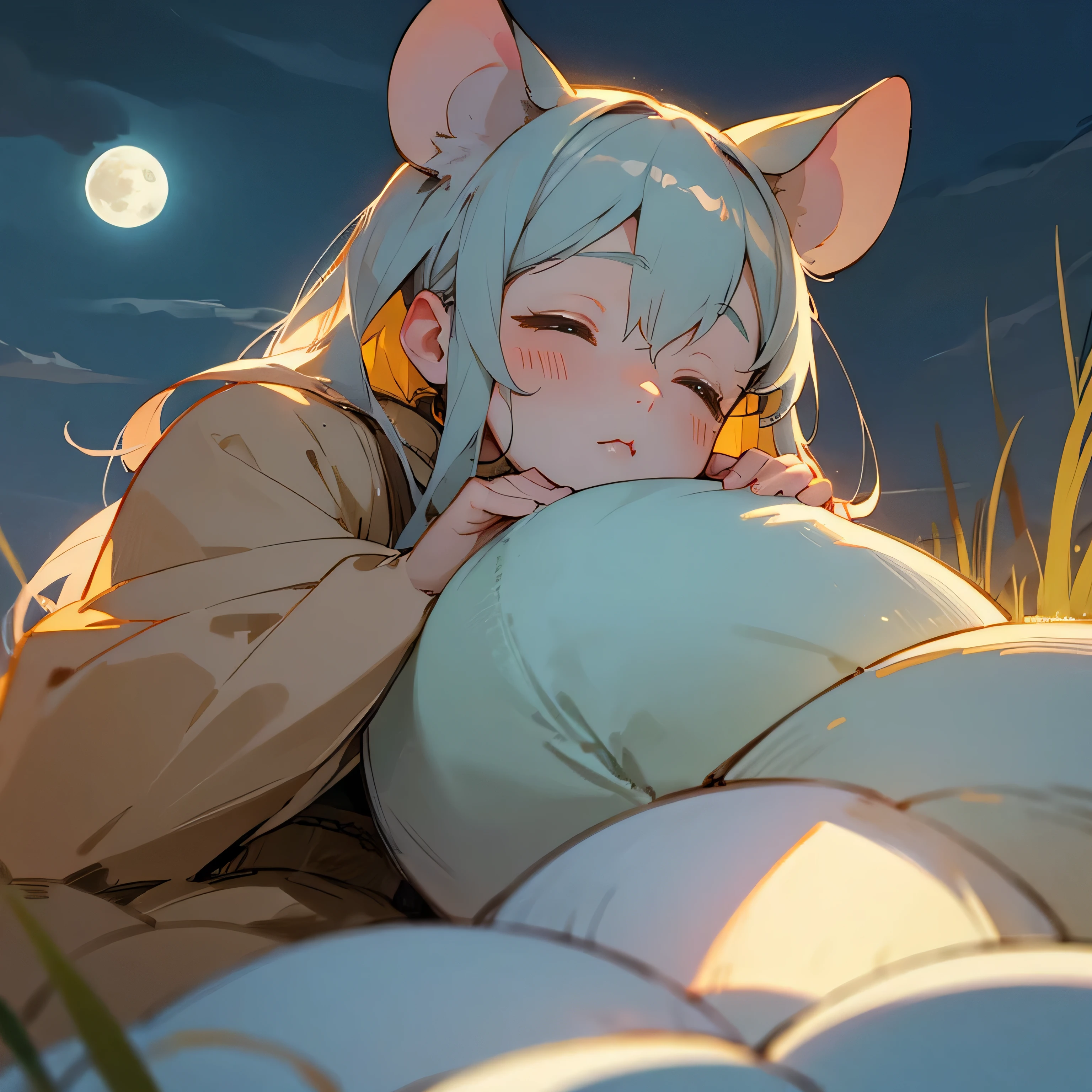 anime style、pastel tones、realistic mouse sleeping、close up face、landscape of folk tales、that&#39;midnight、The moonlight is shining、It is based on brown、There are rice balls too.