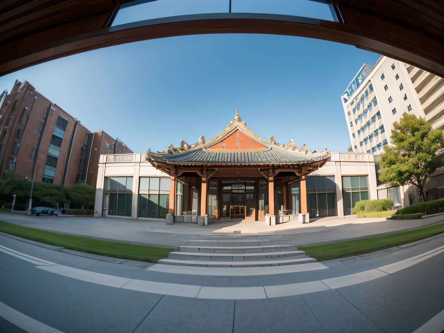 
super wide angle，Averill scenery，The background is a building, photography, low angle 鱼眼view, low angle fish eye 镜片,
