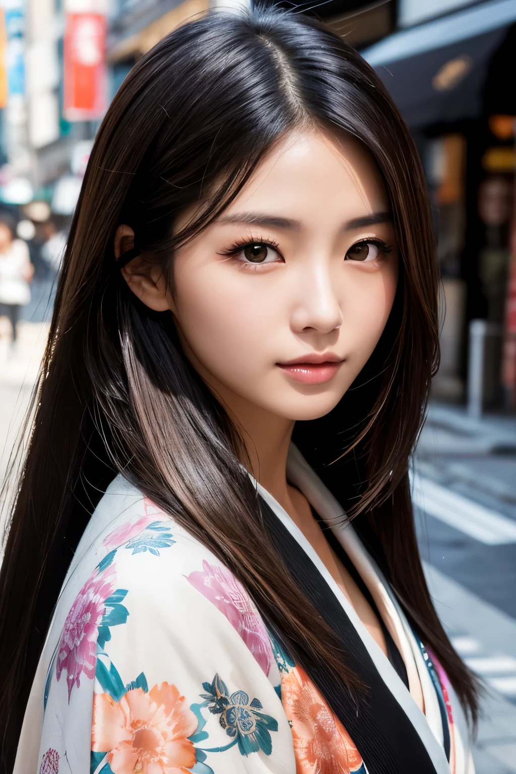 Beautiful Japanese supermodel woman, A lock of hair with slight highlights, black eyes, Sexy,street background,Gorgeous kimono , Liquid color flows across her face, Shooting against the light,Perfect facial lighting,mixed media