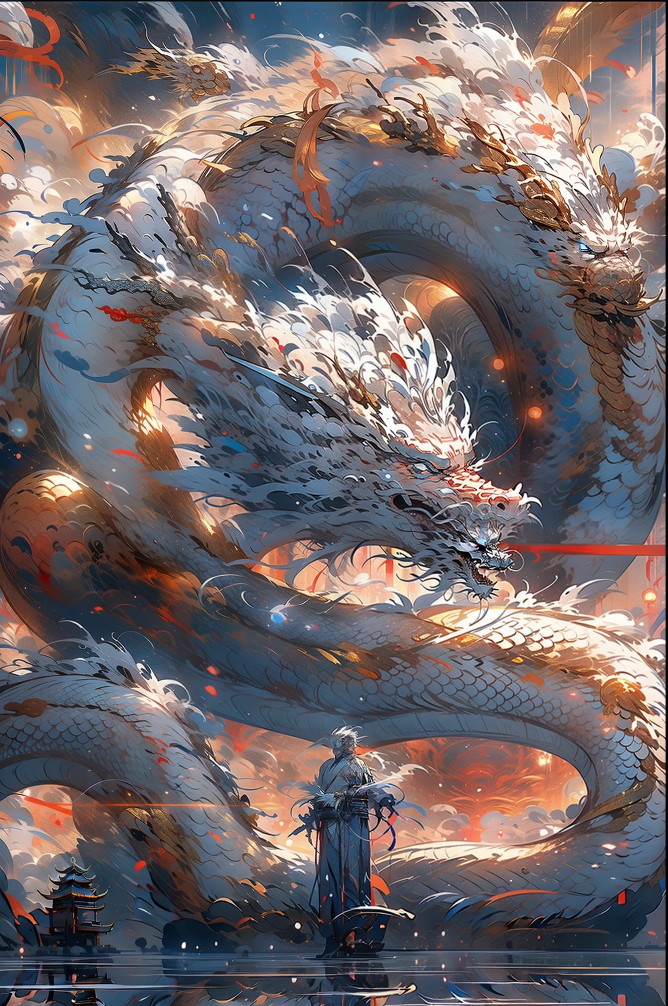 (((Crystal White Dragon))),Chinese dragon,(((他的身后是一条巨大的Chinese dragon))),Amazing man figure,(((silver hair))) red eyes , Wearing handsome costumes,Shoulder leakage,jewelry,amazing job,glass luster,clean background,high brightness,Sparkling colors,diamond,blue,red , sample legs, Magic flows from your body