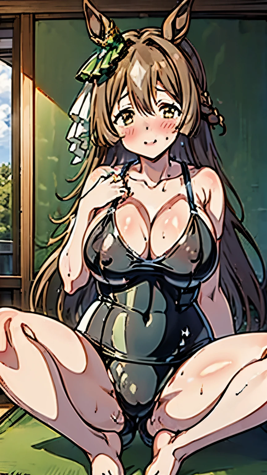 Satono Diamond,Umamusume,horse ears, Uma Musume ,horse tail,green ribbon,hair between eyes,brown hair, very long hair, spread hair, french braid,brown eyes, princess cut, white skin, shiny skin, glamorous, ager, huge breasts, (((school swimwear,))) open mouse, (((Ocean,))) Wariza, (((Wet,))) blush, embarrassing, barefoot,Oil, ((cleavage,)) lips, ((erect nipples,)) (((((humid,))))) spread legs, legs up