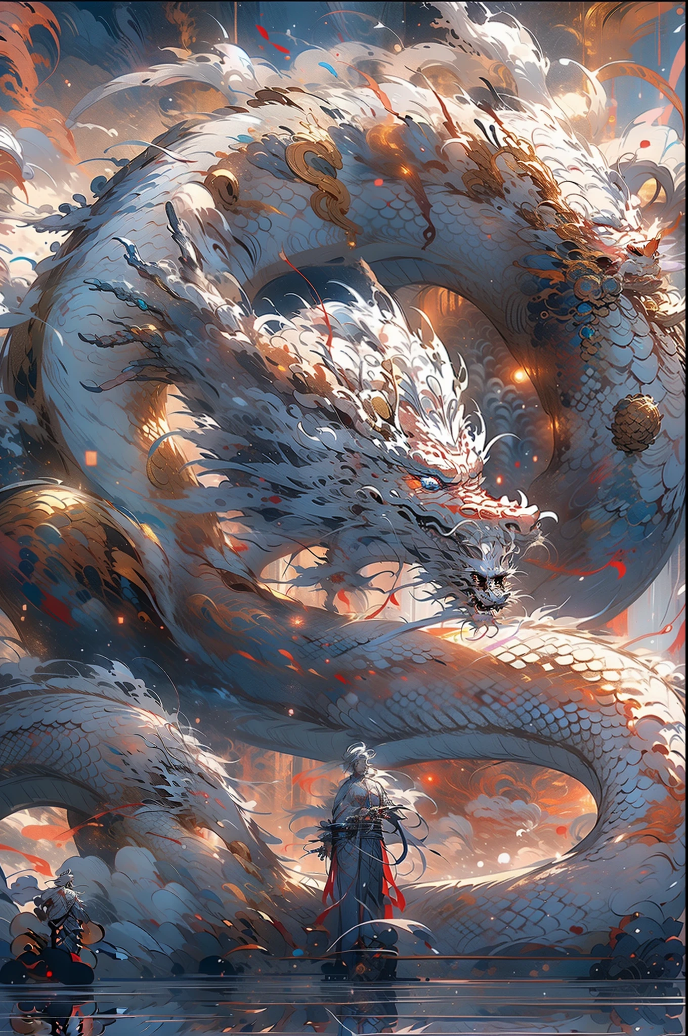 (((Crystal White Dragon))),Chinese dragon,(((他的身后是一条巨大的Chinese dragon))),Amazing man figure,(((silver hair))) red eyes , Wearing handsome costumes,Shoulder leakage,jewelry,amazing job,glass luster,clean background,high brightness,Sparkling colors,diamond,blue,red , sample legs, Magic flows from your body