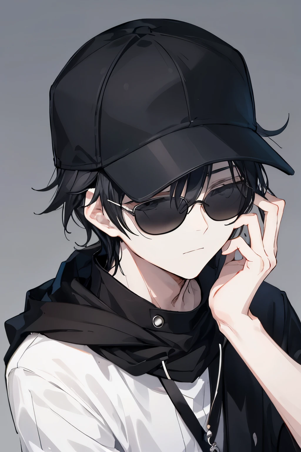 A boy, clad in casual attire with a black baseball cap perched atop his head and black sunglasses concealing his eyes, exudes an air of calm sophistication in the Japanese anime style. His cold expression belies an underlying sense of gentleness and refinement.
