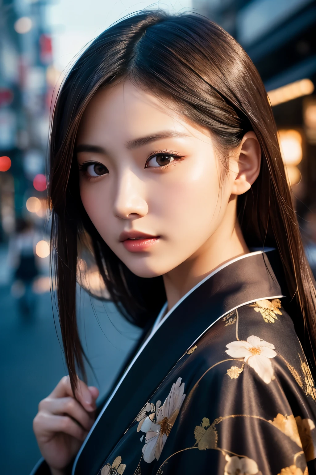 Beautiful Japanese supermodel woman, A lock of hair with slight highlights, black eyes, Sexy，street background，Gorgeous kimono , Liquid color flows across her face, Shooting against the light，Perfect facial lighting，mixed media